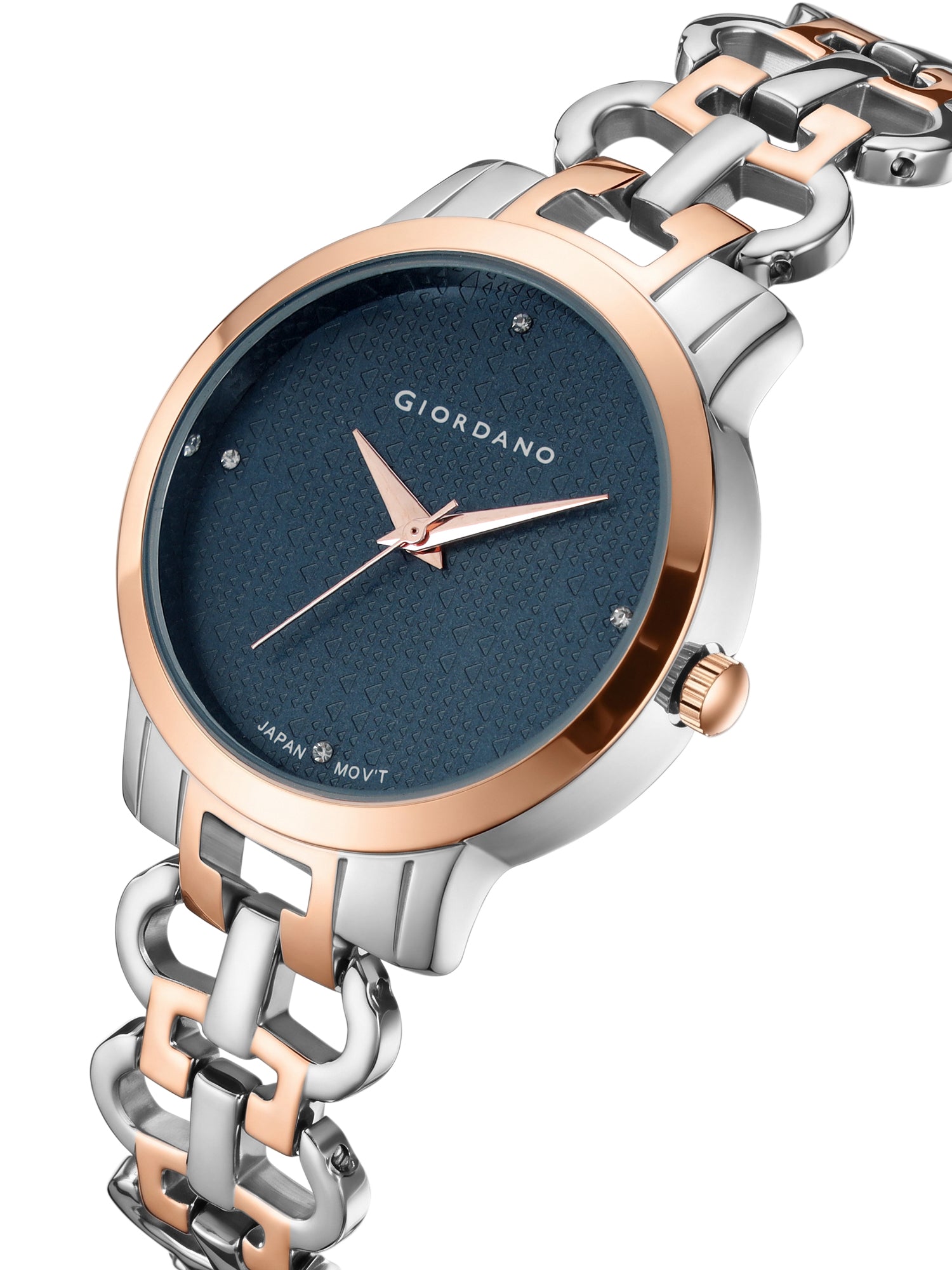 Giordano Analog Quartz Watch for Women with Blue Textured Round Dial, Crystal Hour Markers & Rose Gold and Silver Two-Tone Stainless Steel Bracelet Strap - C2204-88