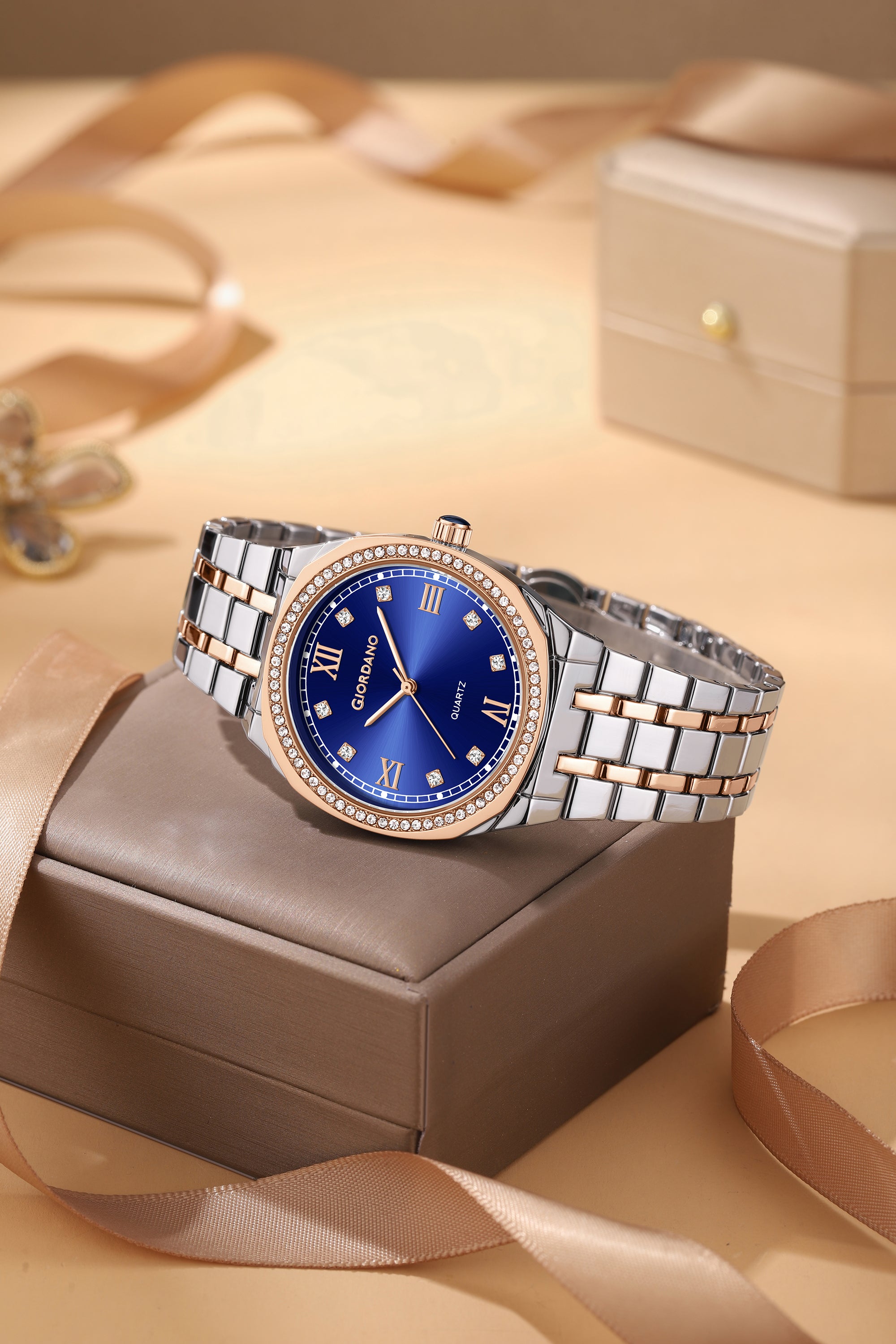Giordano Analog Quartz Watch for Men with Round Blue Dial, Roman Indices, Blue Crown, Crystal Studded Hour Markers and Bezel, Silver and Rose Gold Stainless Steel Strap - GZ-50216-44