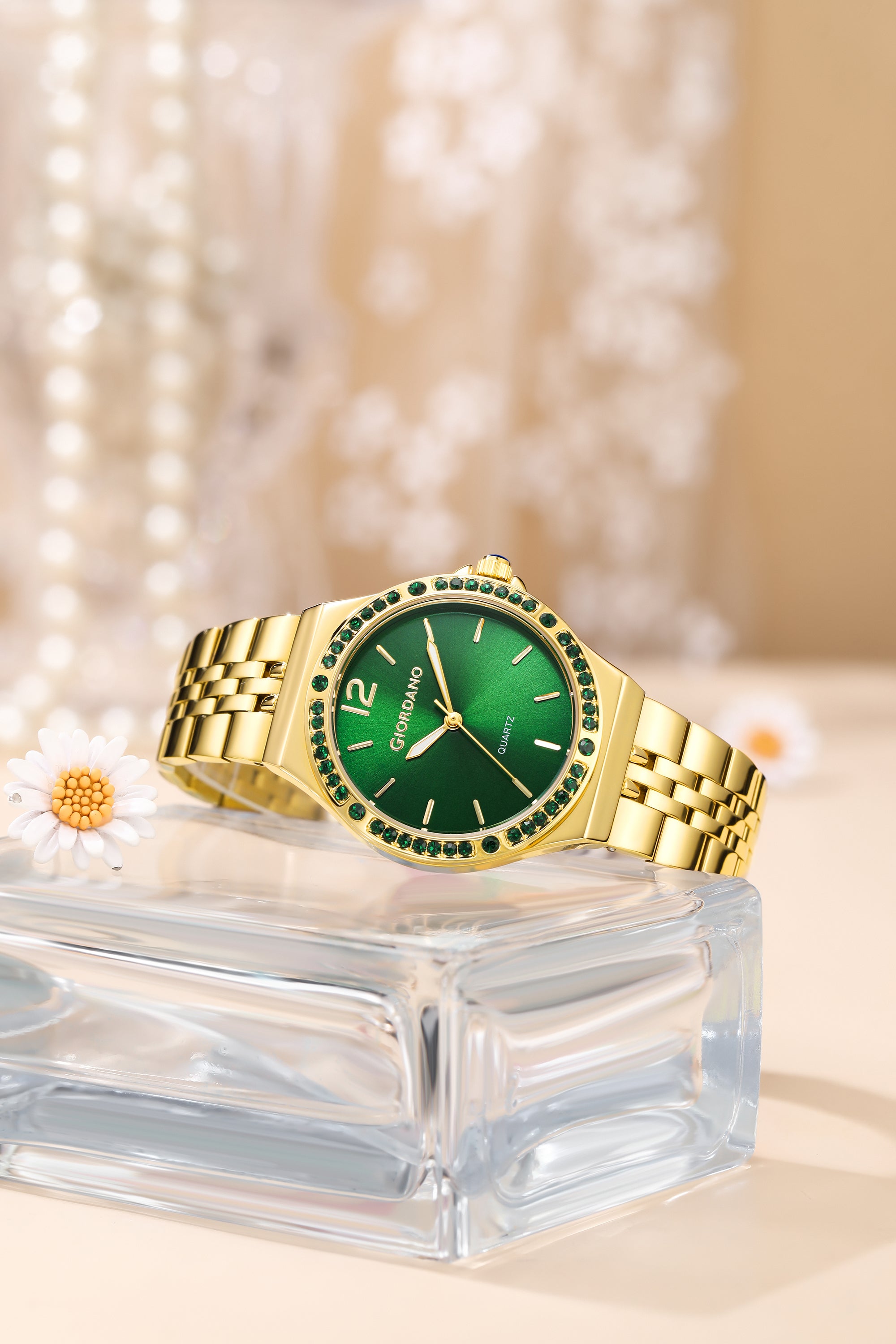 Giordano Analog Quartz Watch for Women with Round Green Dial, Crystal Studded Bezel, Blue Crown, Luminous Hands, Gold Stainless Steel Strap - GZ-60159-33