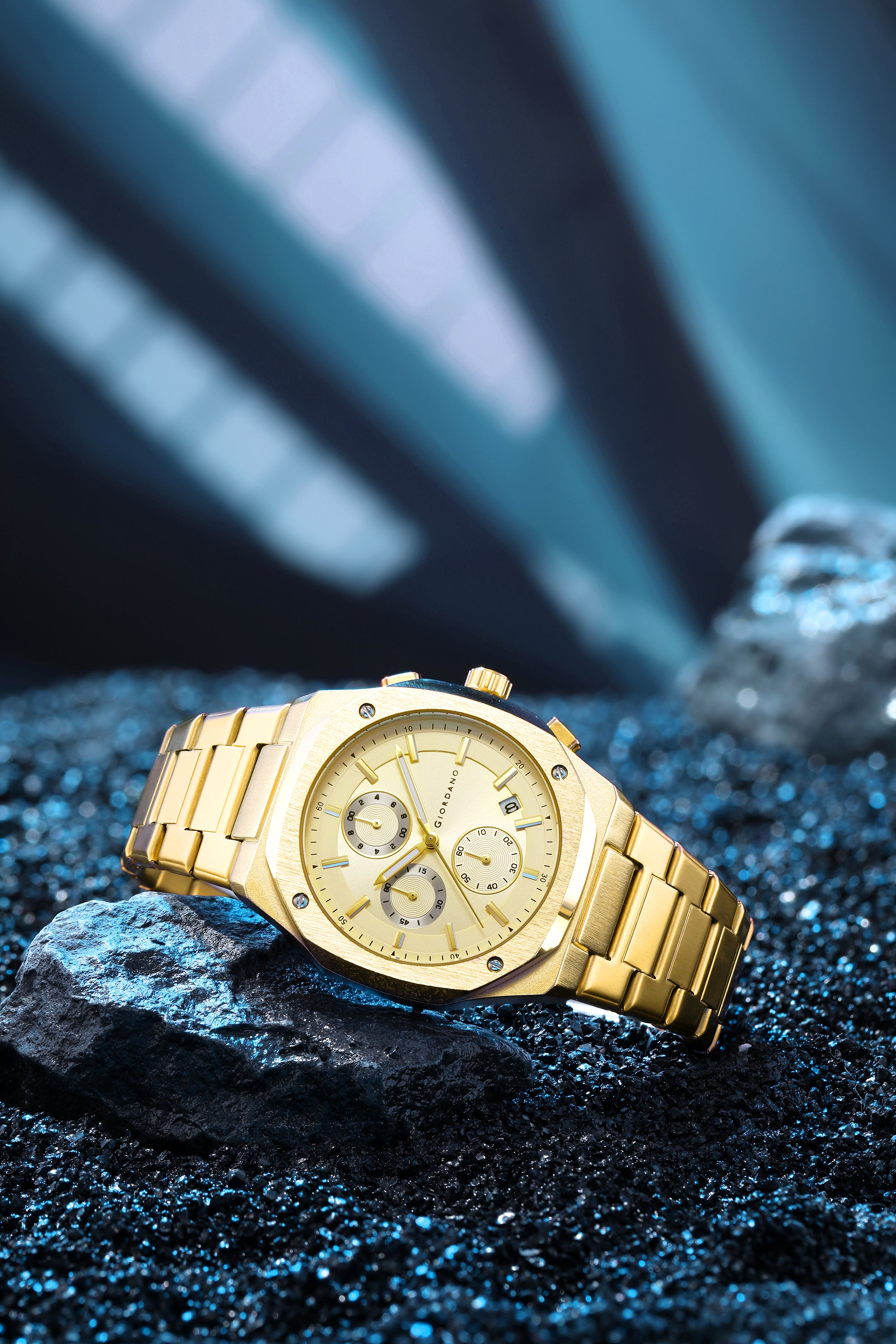 Giordano Chronograph Analog Quartz Watch for Men with Round Gold Dial, Octgonal case, Date Function, Luminous Hands and Hour Markers, Gold Stainless Steel Strap - GZ-50202-44