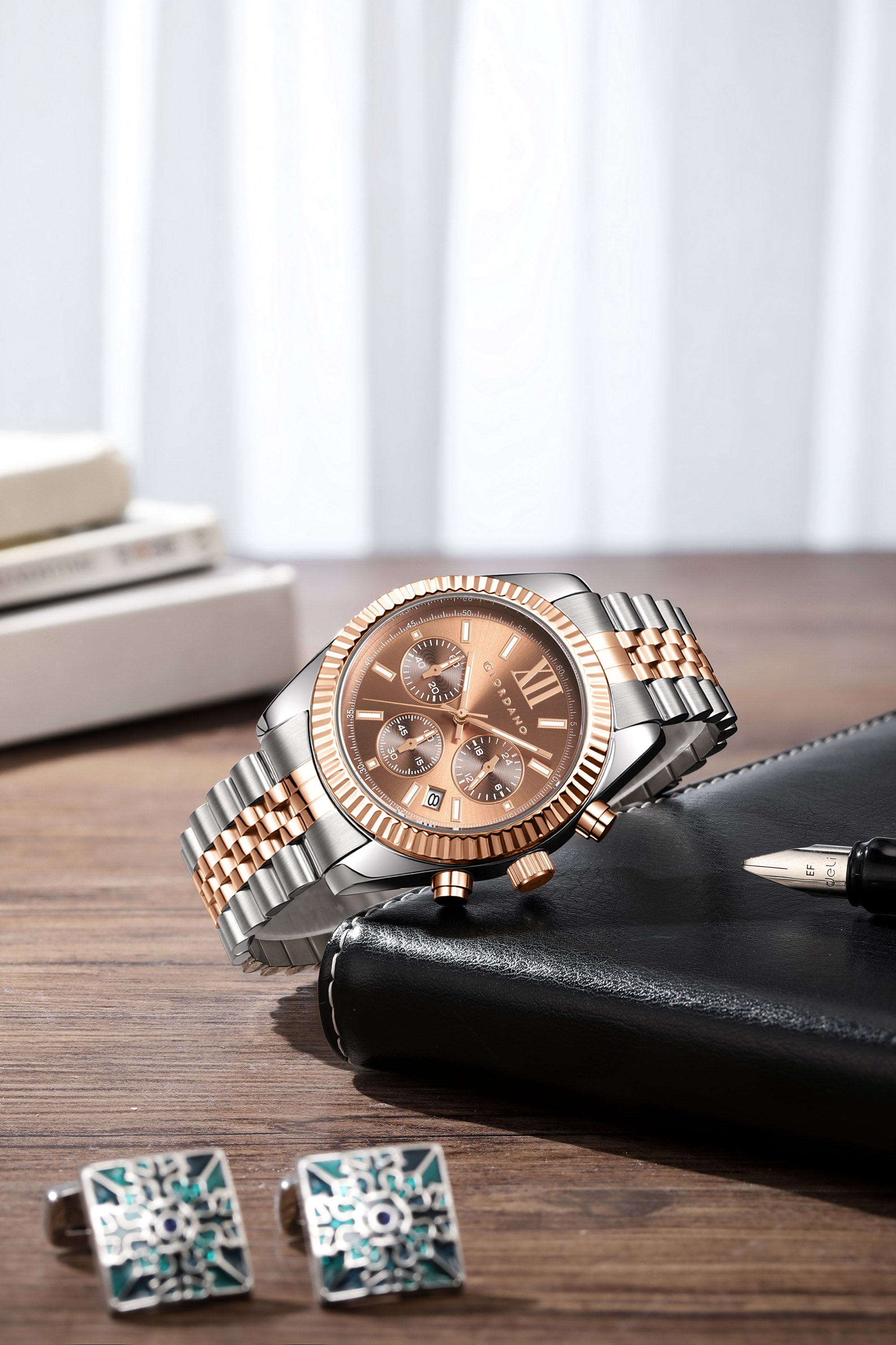 Giordano Chronograph Analog Quartz Watch for Men with Round Brown Dial, Roman indices, Date Function, Luminos hands and Markers, Silver and Rose Gold Stainless Steel Strap - GZ-50217-66