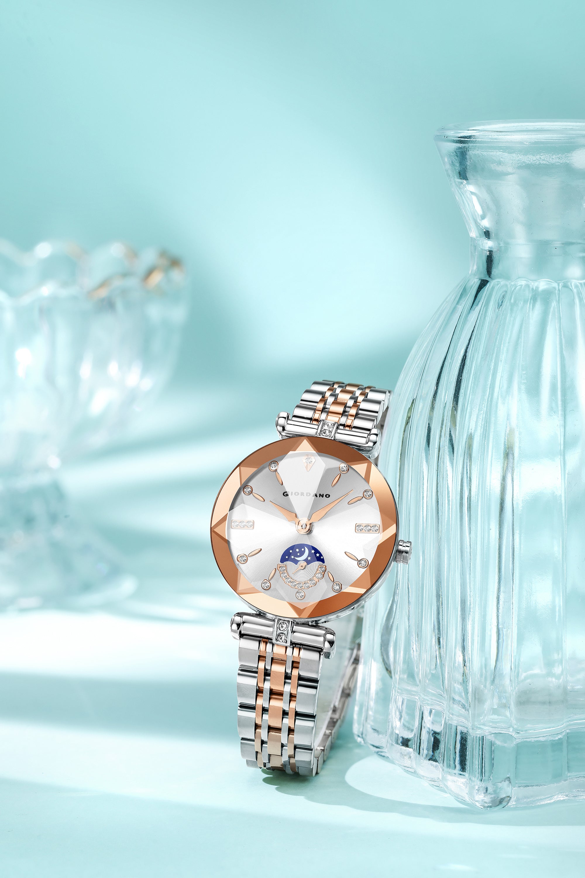Giordano Analog Quartz Watch for Women with Silver Round Sunray Dial, Moonphase Display, Diamond Studded Hour Markers and Two-Tone Silver & Rose Gold Stainless Steel Bracelet - GZ-60094-55