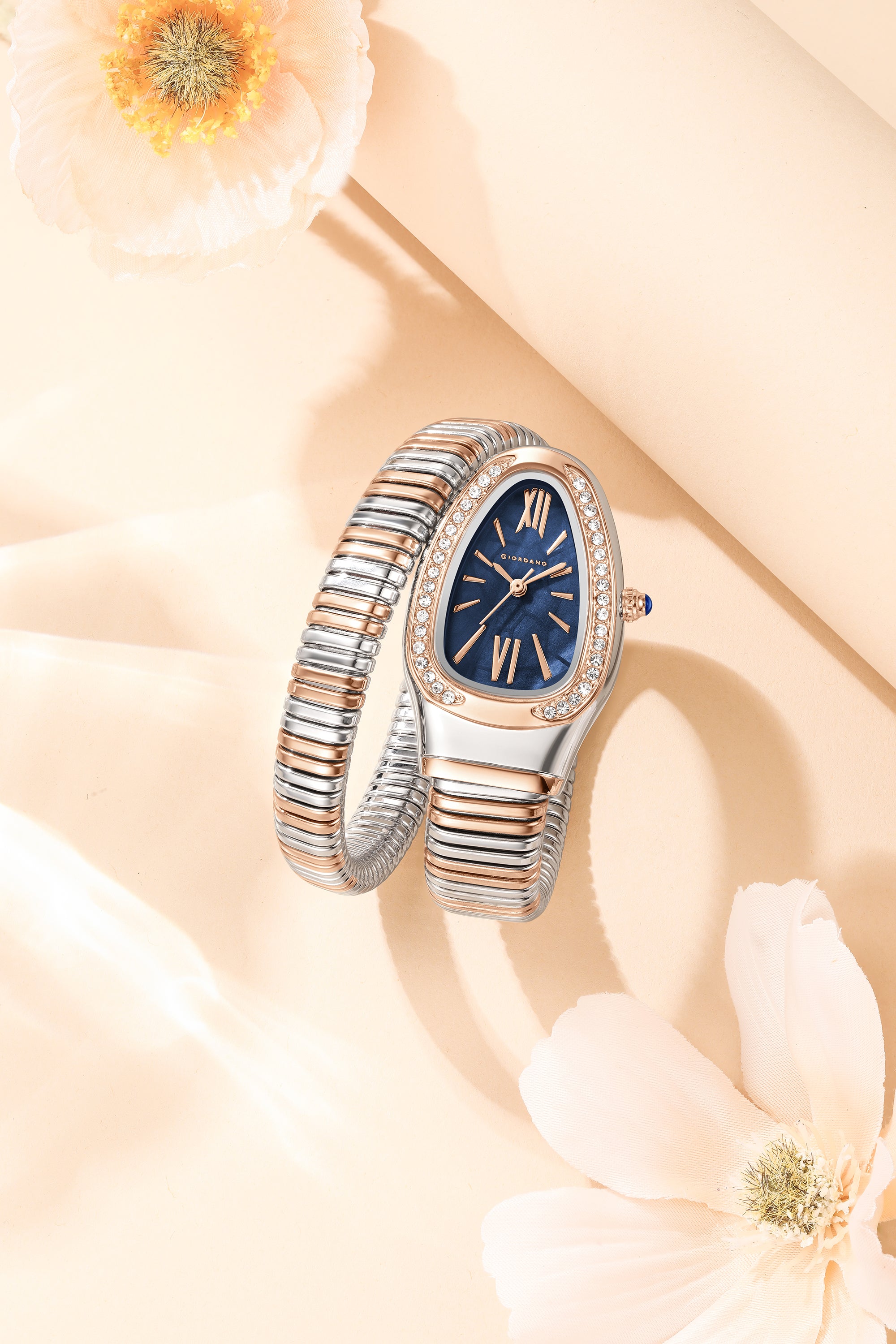 Giordano Serpentine Collection Analog Quartz Watch for Women with Blue Geometric-Textured Dial, Crystal-Studded Bezel, Roman Numerals & Snake-Style Wrap-Around Stainless Steel Strap - GZ-60189-22