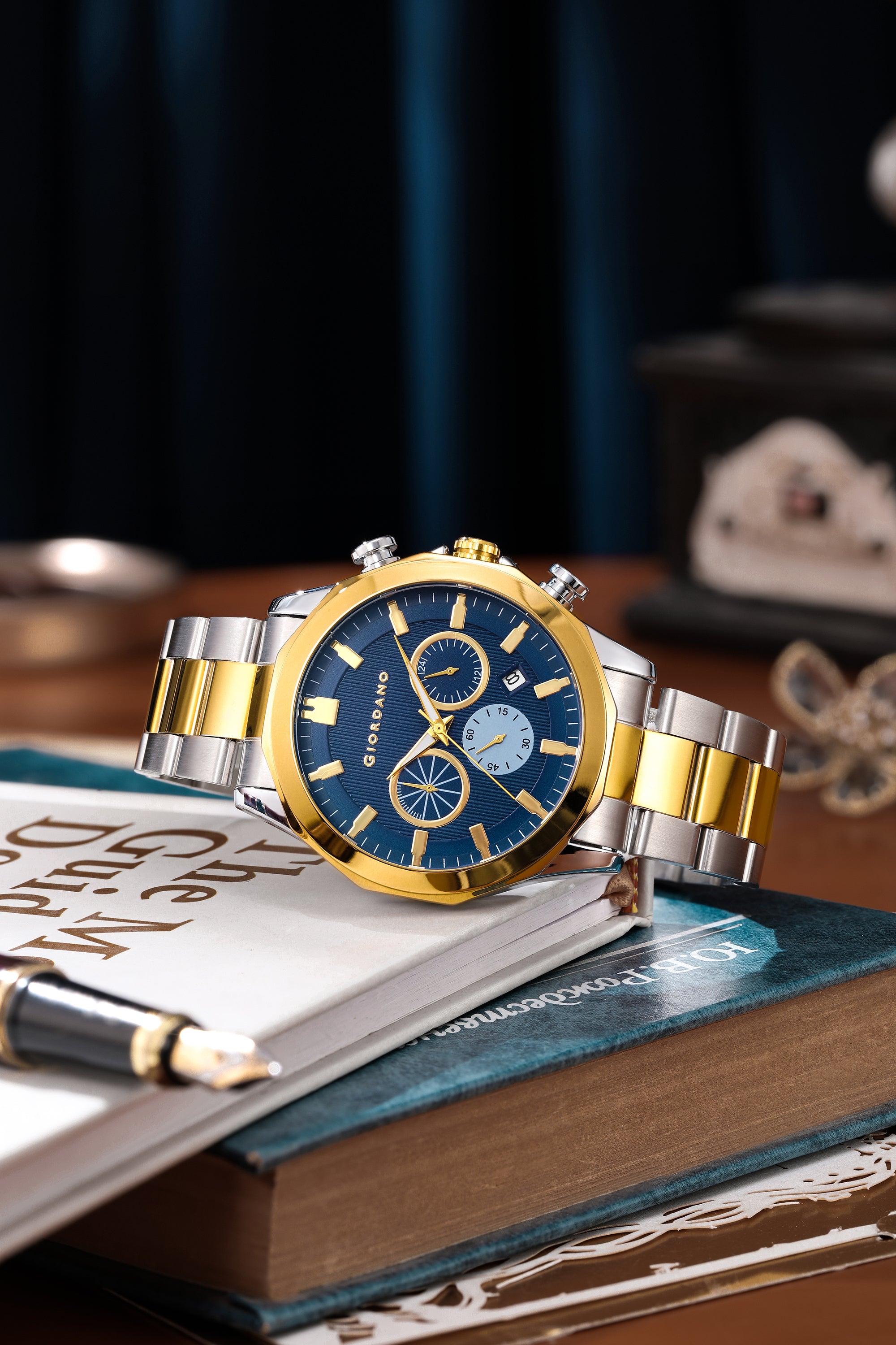 Giordano Analog Quartz Watch for Men with Round Blue Textured Dial, Multifunction Sub-Dials, Date Display and Silver & Gold Two-Tone Stainless Steel Strap - GZ-50036-55
