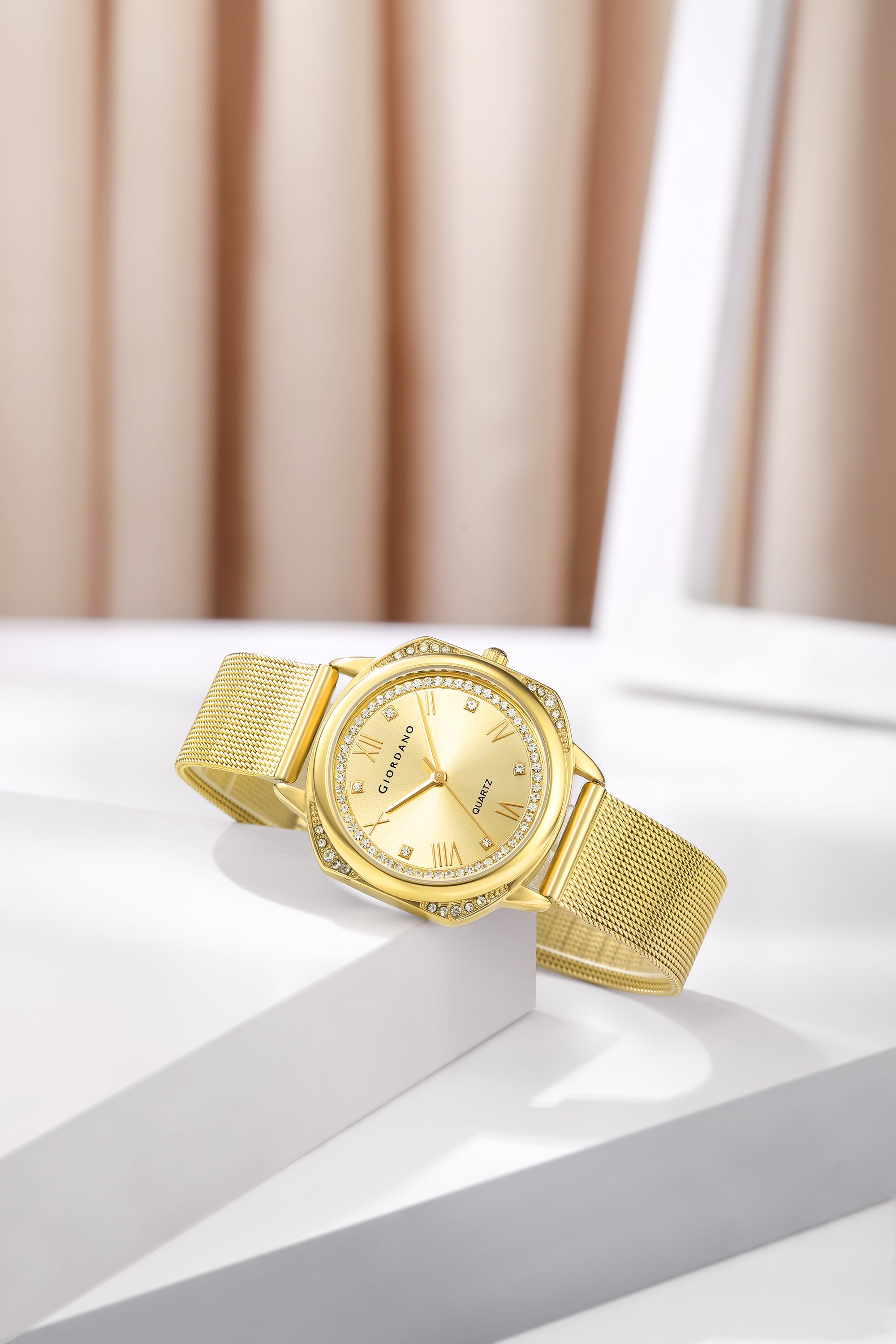 Giordano Gold Analog Quartz Watch Gift Set for Women – 3 Piece Combo with Mesh Strap, Roman Numeral Crystal Studded Dial, Pendant Necklace & Bangle Bracelet, Fashion Jewelry Set - GZ-60183-11