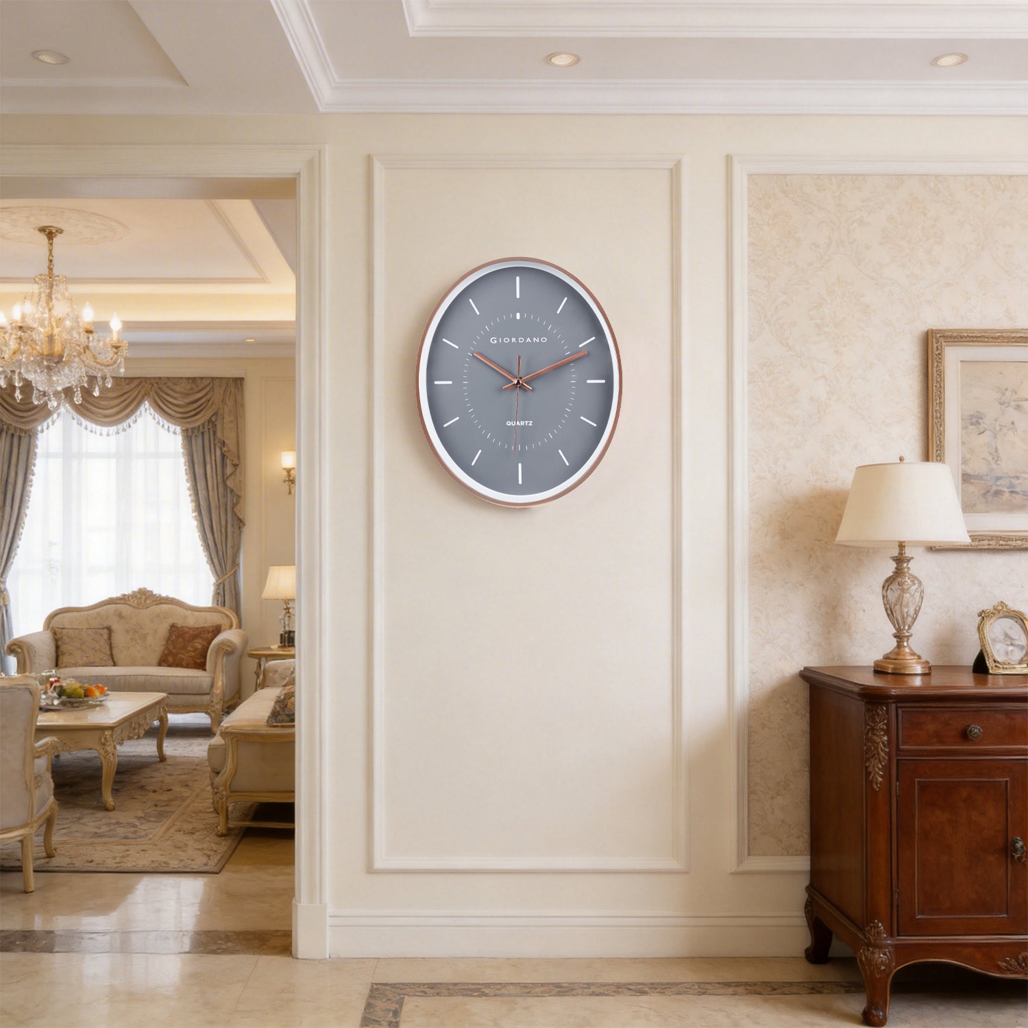Giordano Wall Clock, Silent Sweep Non-Ticking Quartz Movement, Grey Dial, Rose Gold Oval Plastic Frame, Metal Hand - GDCLTY1001RGGRY