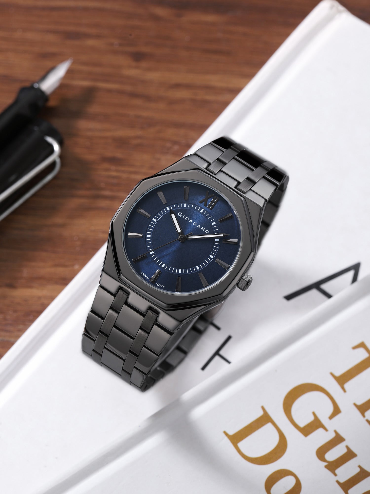 Giordano Analog Quartz Watch for Men with Blue Sunray Round Dial, Roman XII & Luminous Hands Markers, Faceted Octagonal Bezel and Black Stainless Steel Strap - GZ-50191-55