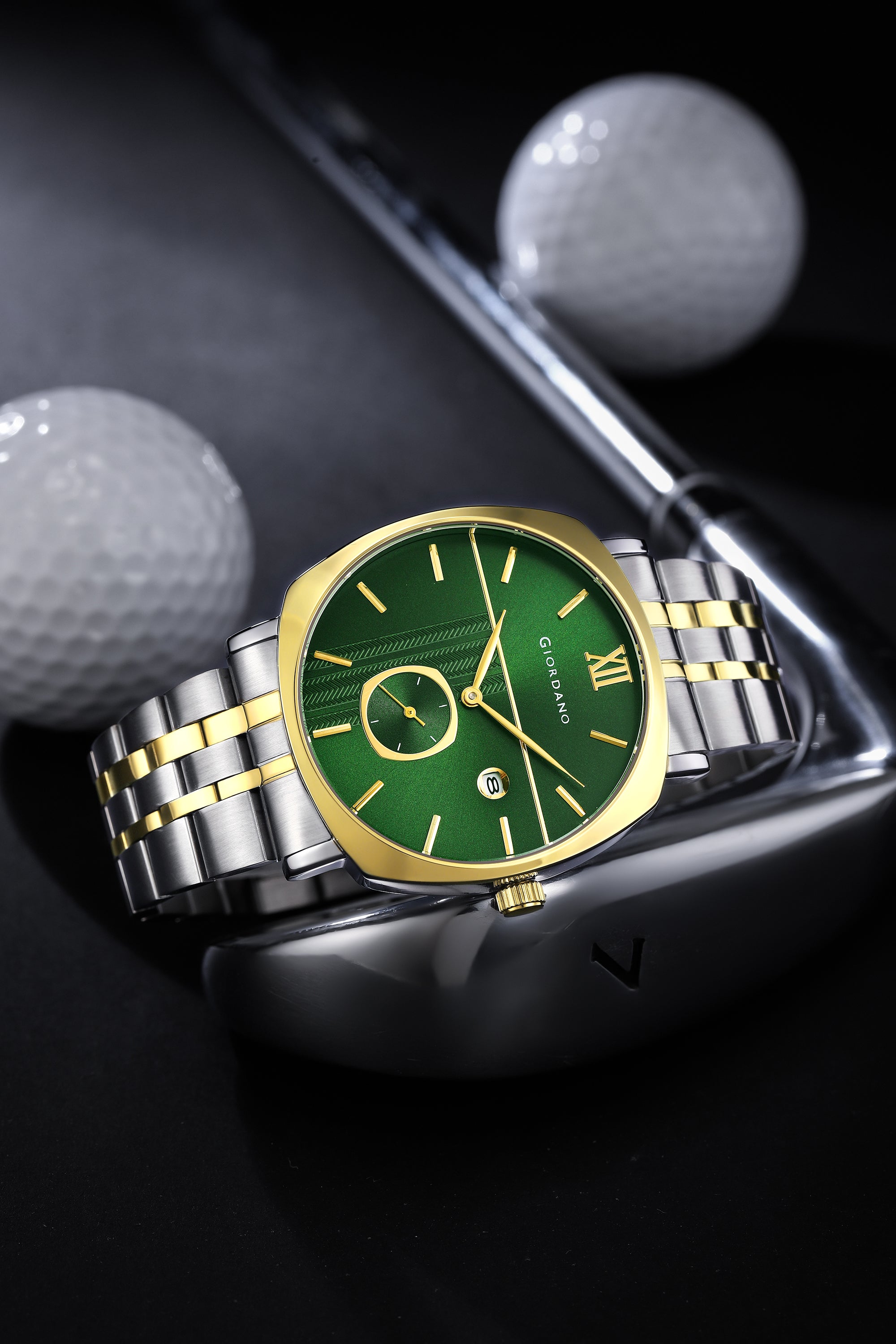 Giordano Analog Quartz Watch for Men with Green Sunray Patterned Dial, Roman XII & Baton Hour Markers, Small Seconds Sub-Dial, Date Display and Two-Tone Stainless Steel Strap - GZ-50192-22