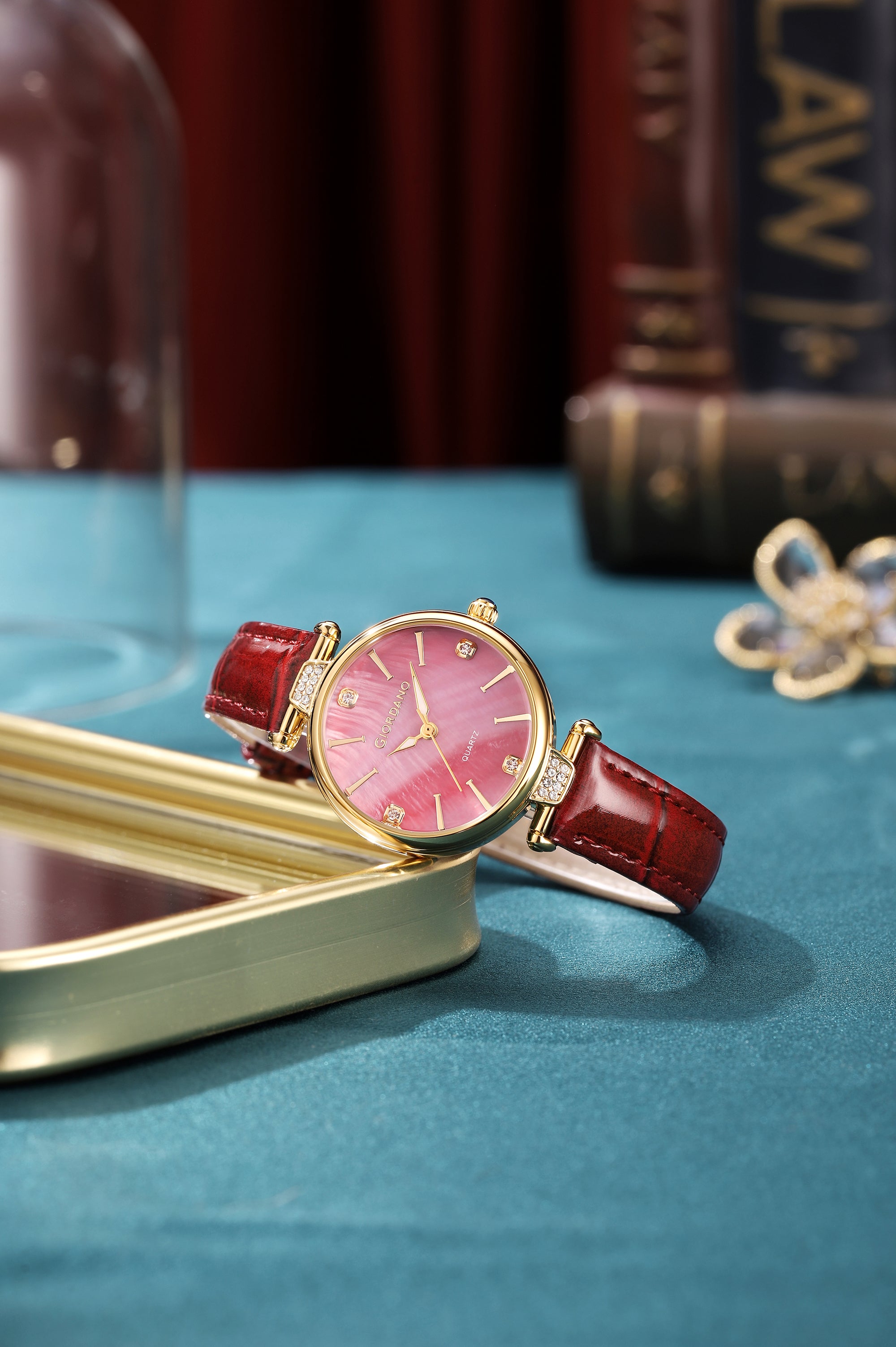 Giordano Analog Quartz Watch for Women with sunray Round Red Dial, Blue Crown, Luminos hands and Crystal hour markers, Red Leather Strap - GZ-60161-04