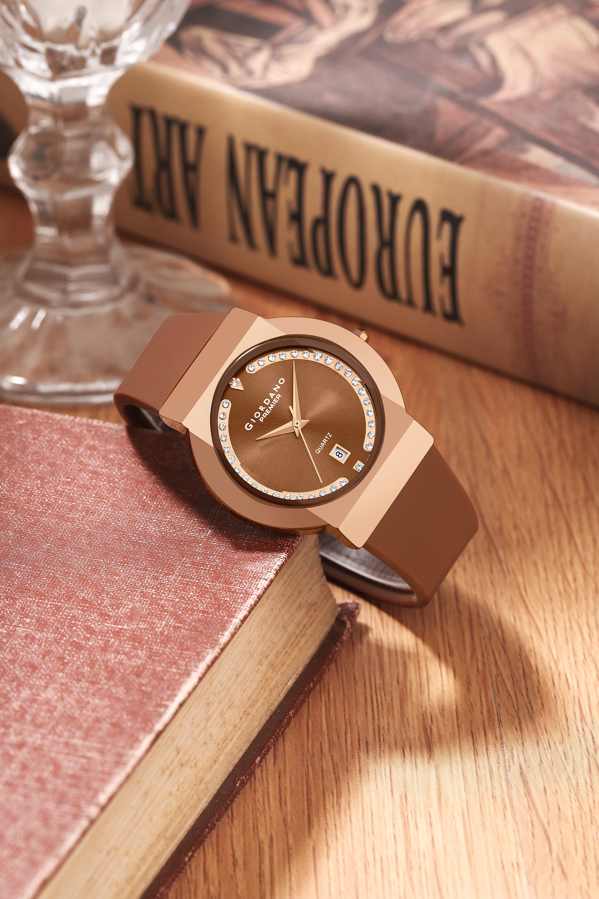 Giordano Premier Analog Quartz Watch for Women with Round Brown Dial, Crystal Studded Bezel, Date Display, Rose Gold Case & Brown Silicone Strap - GZ-50228-02