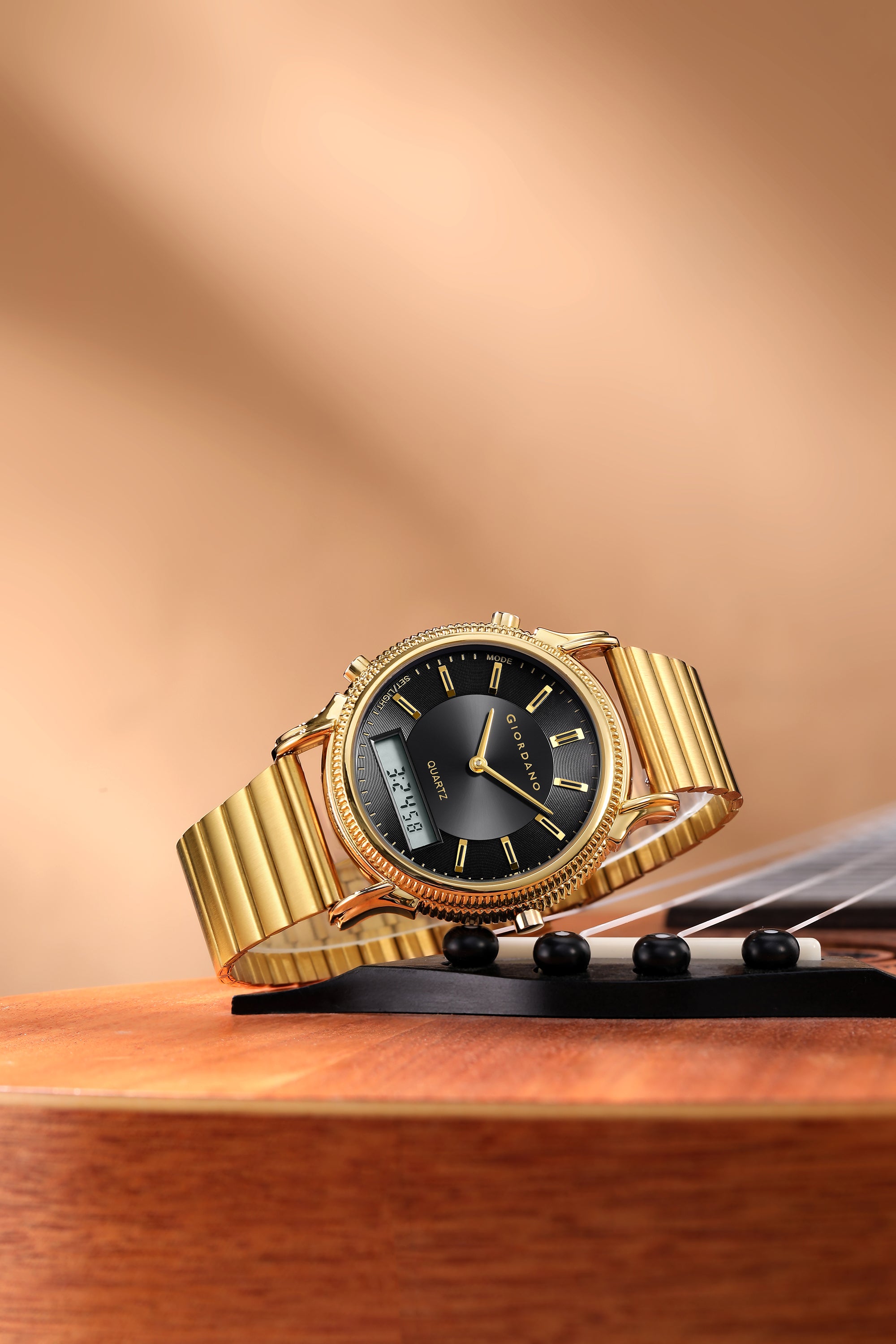 Giordano Analog-Digital Watch for Men - Round Black Dial with Dual Display, Quartz Movement and Gold Stainless Steel Strap - GZ-50209-55
