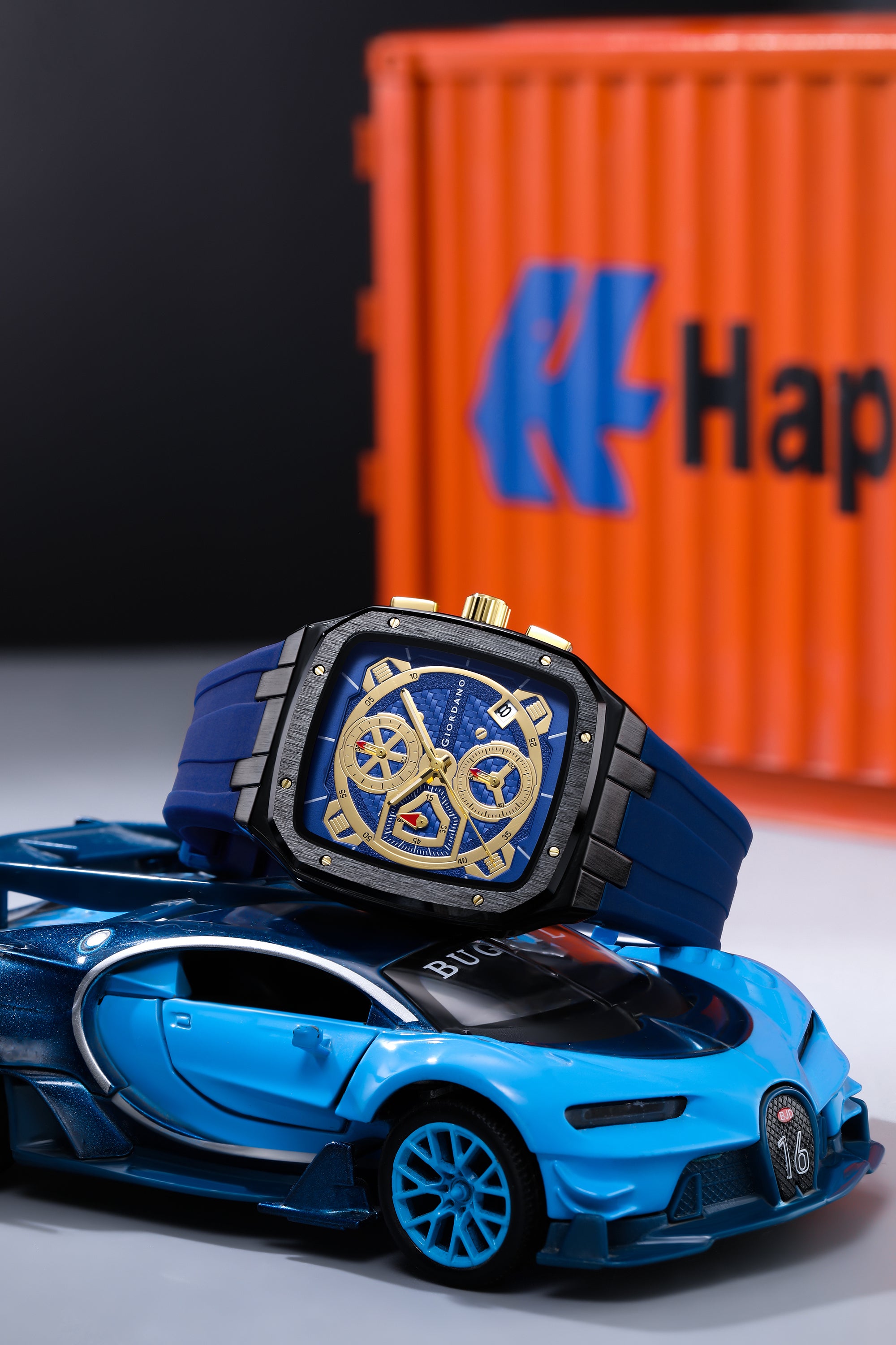 Giordano Analog Watch for Men with Chronograph Subdials, Black Square Case, Date Display, Quartz Movement, Blue Silicone Strap GZ-50204-22