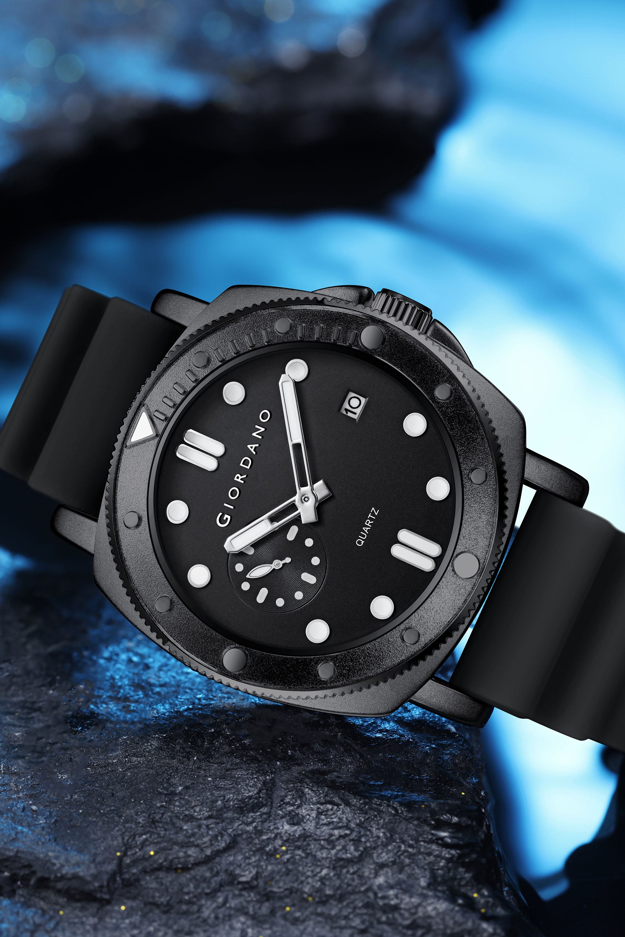 Giordano Analog Quartz Watch for Men with Round Dial, Luminous Hours Markers, Date Display, Small Seconds Sub-Dial and Wavy Pattern Silicone Strap - GZ-50214-01