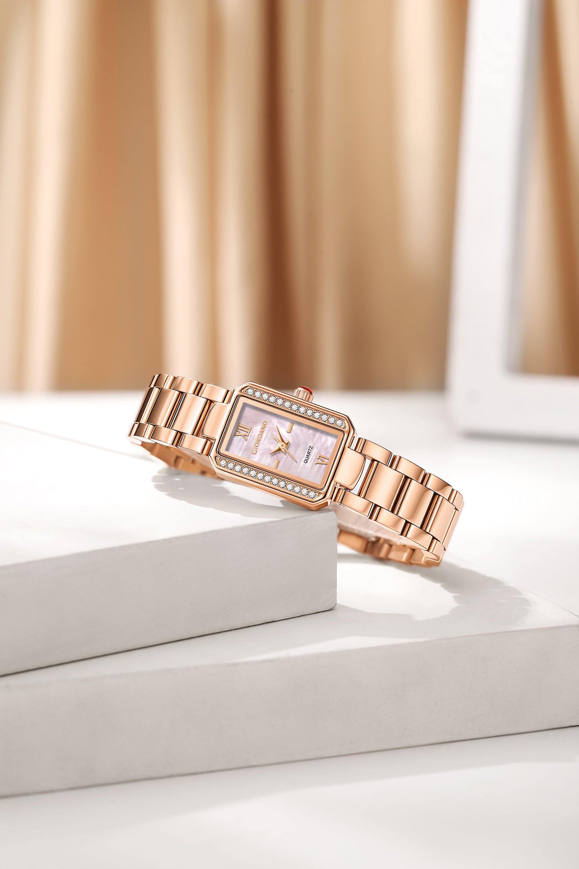 Giordano Analog Quartz Watch for Women with sunray Rectangle Rose Gold Dial, Roman indices, Crystal studded bezel, Blue Crown, Rose Gold Stainless Steel Strap - GZ-60167-44
