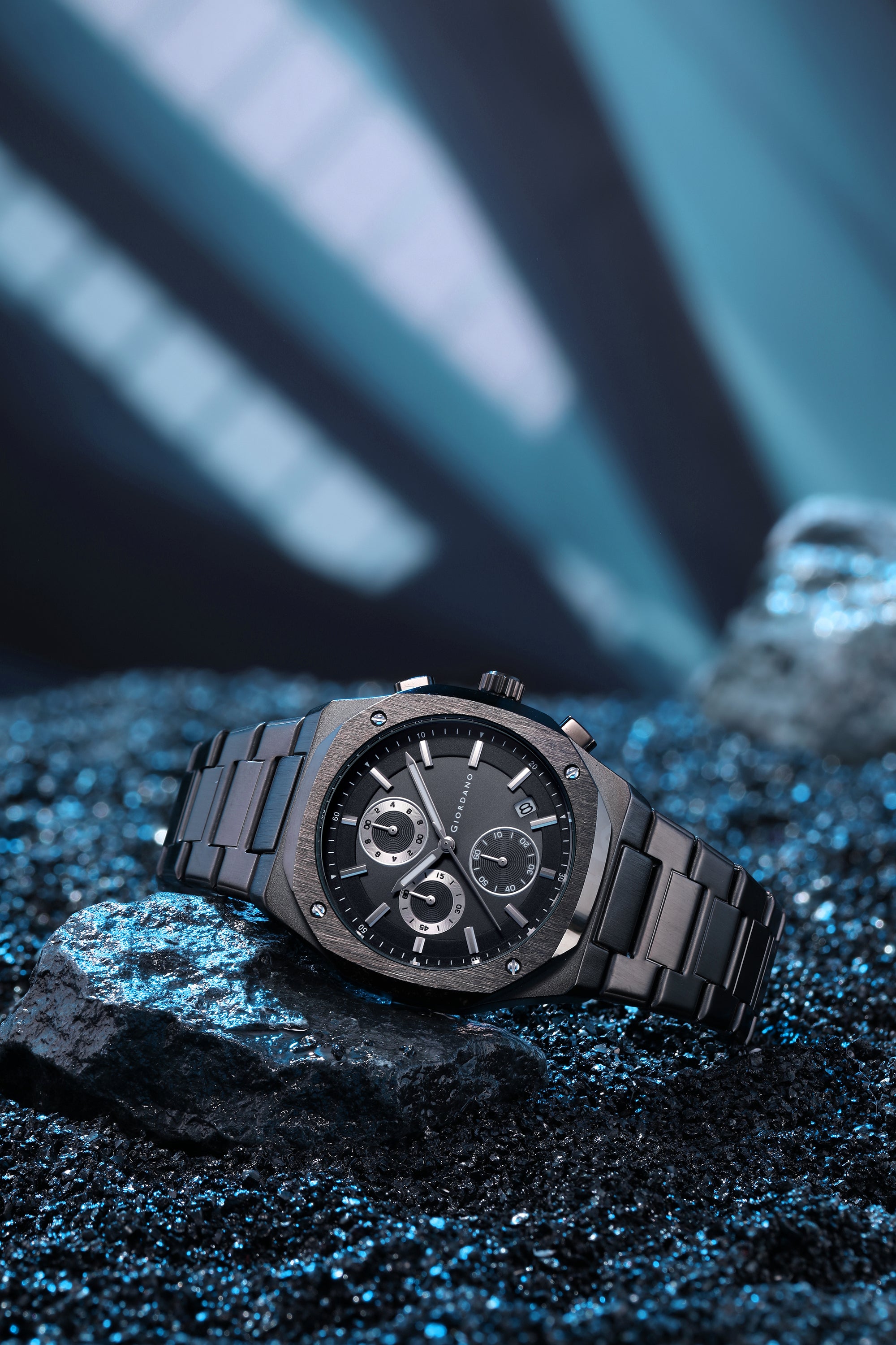 Giordano Chronograph Analog Quartz Watch for Men with Round Black Dial, Octgonal case, Date Function, Luminous Hands and Hour Markers, Black Stainless Steel Strap - GZ-50202-11