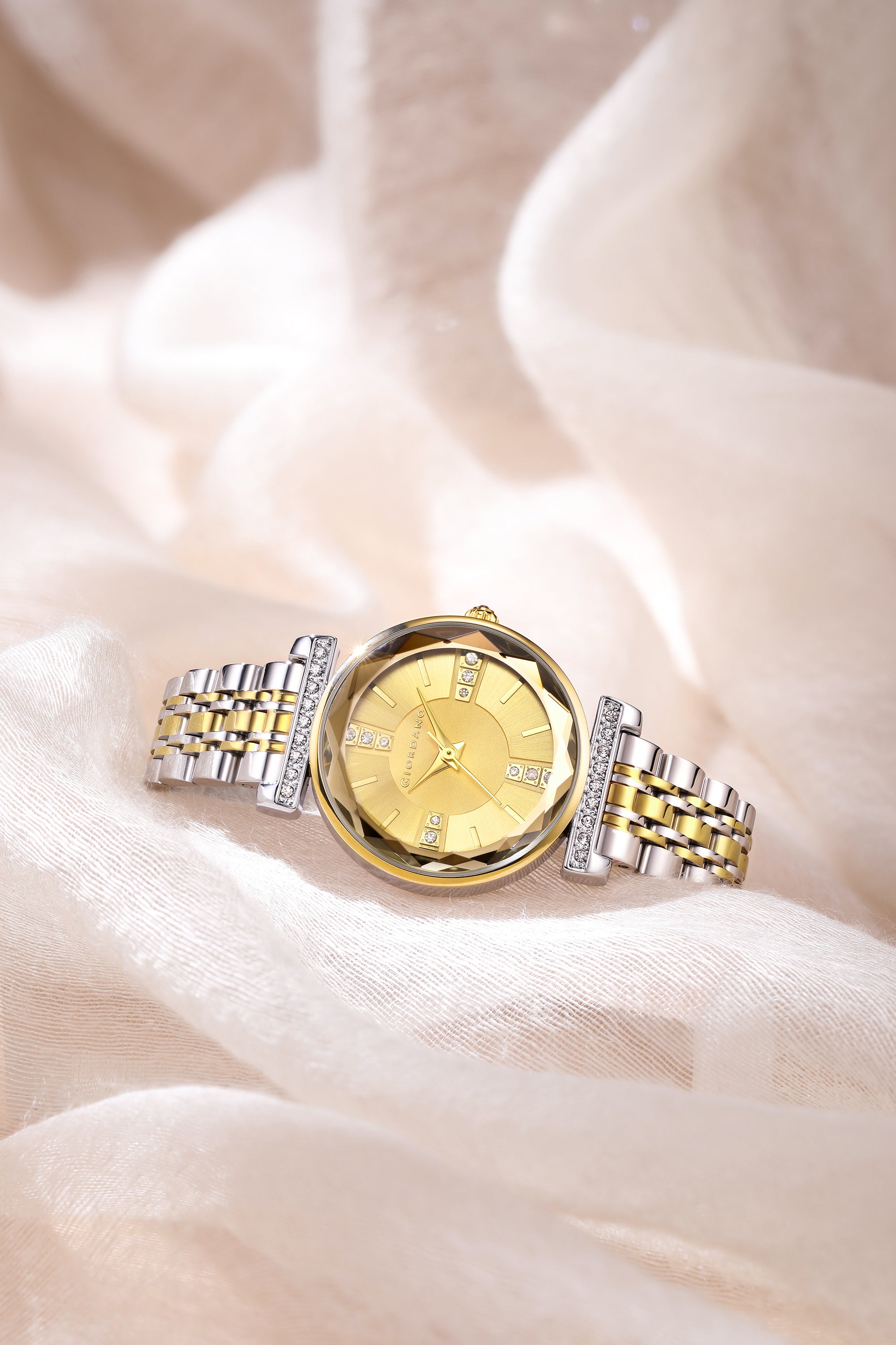 Giordano Analog Quartz Watch for Women with Gold Round Sunray Dial, Crystal Hour Markers, Crystal-Studded Bezel and Gold & Silver Two-Tone Stainless Steel Strap - GZ-60084-66