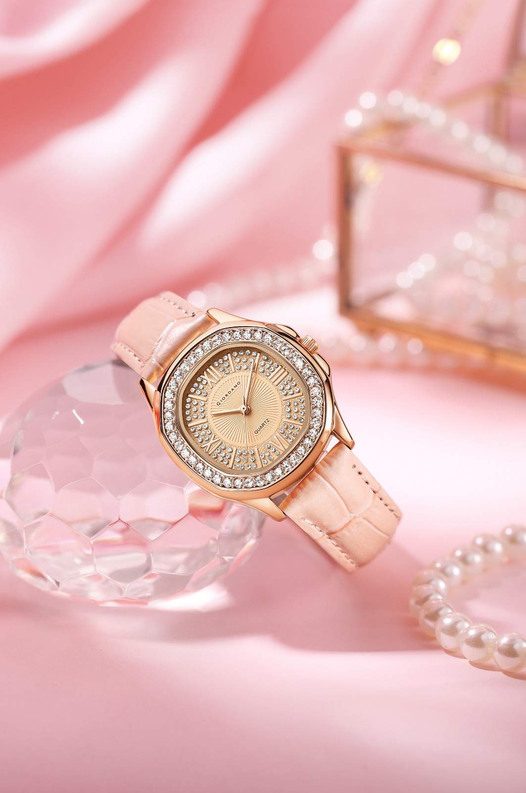 Giordano Luxury Analog Watch for Women with Crystal-Studded Bezel & Leather Strap – Octagonal Case, Elegant Quartz Wristwatch GZ-60141-33