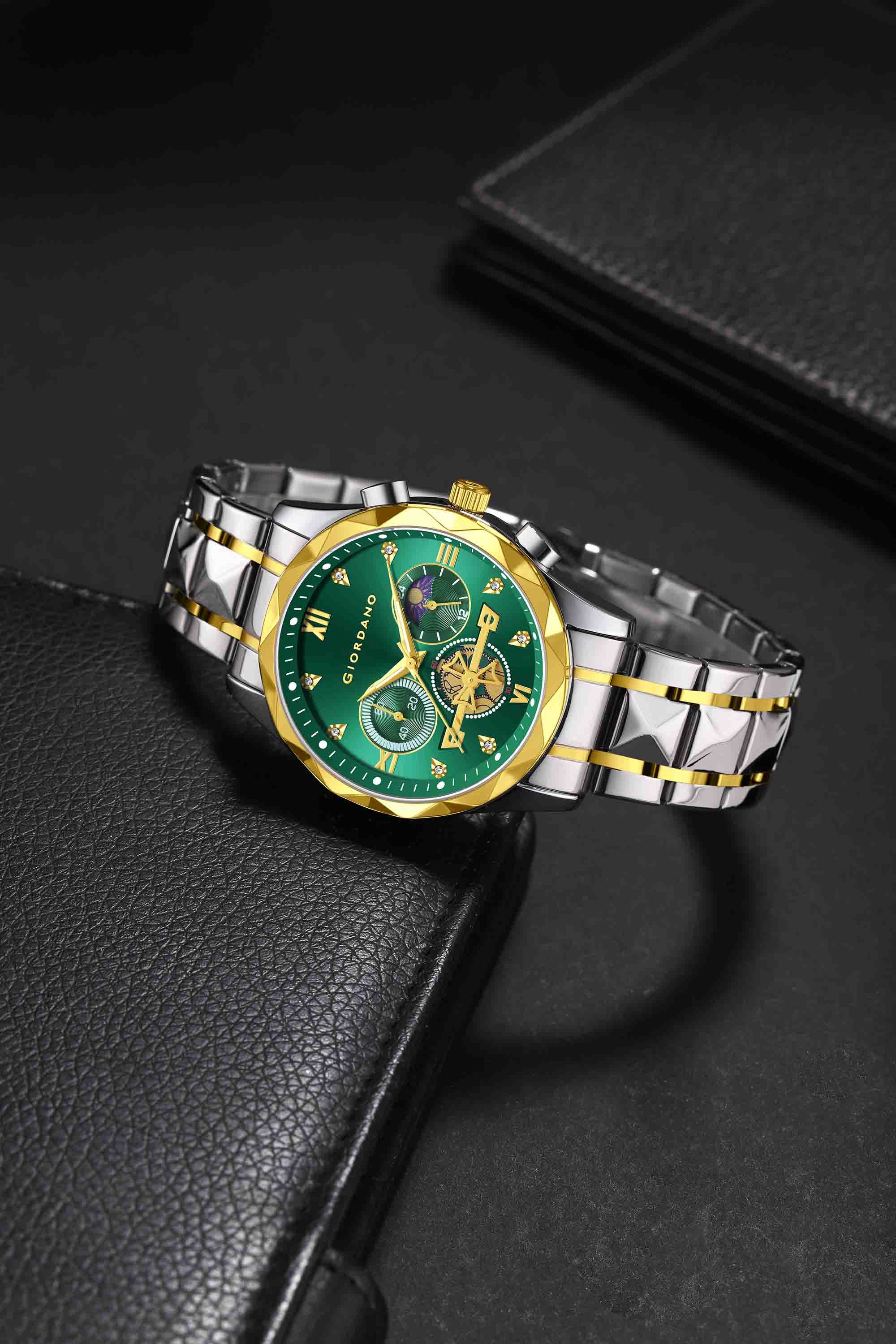 Giordano Chronograph Analog Quartz Watch for Men with Green Dial, Multifunction Subdials, Sun Moon Display, Crystal Hour Markers, Roman Numerals, Dual-Tone Stainless Steel Strap - GZ-50236-33