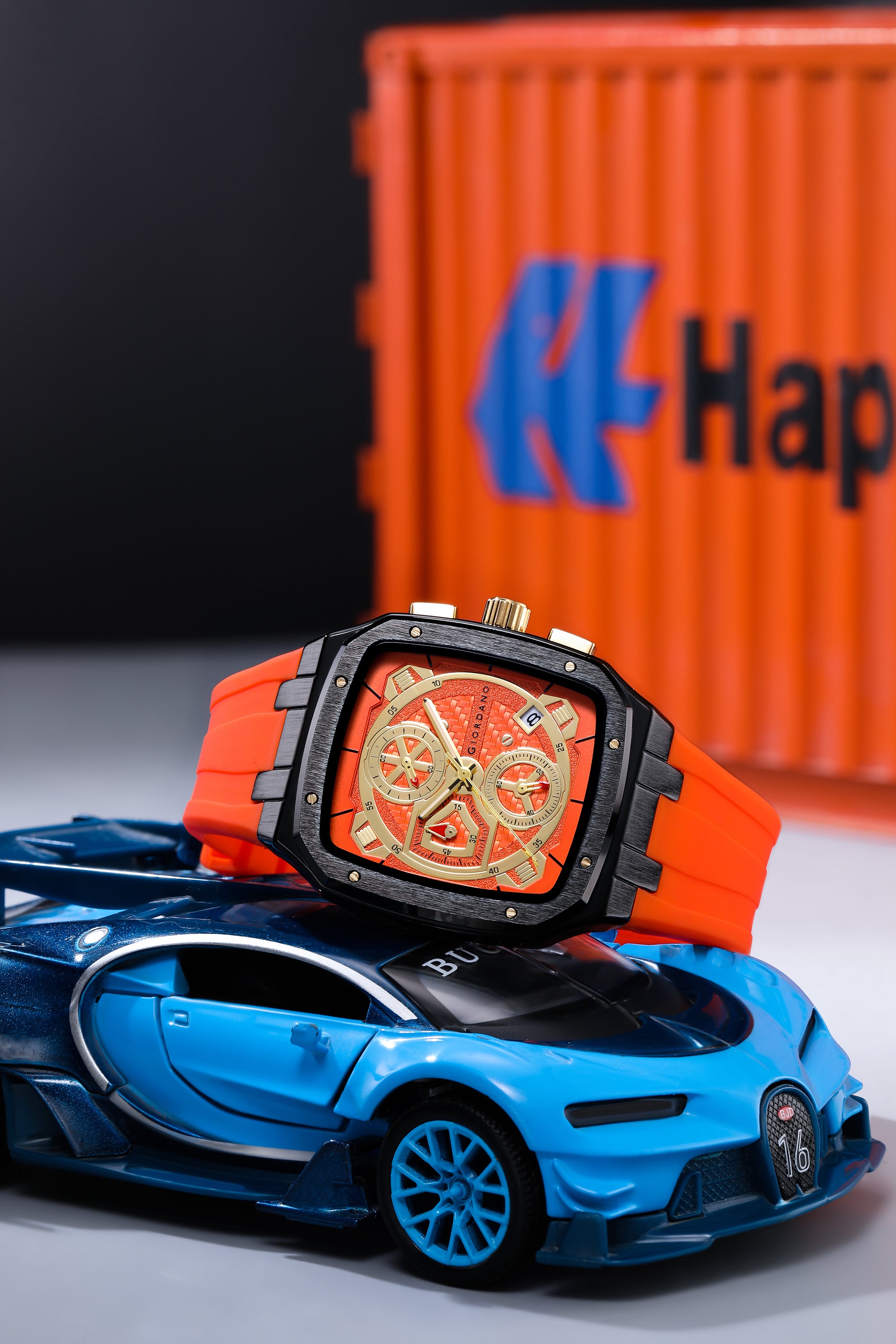 Giordano Analog Watch for Men with Chronograph Subdials, Black Square Case, Date Display, Quartz Movement, Orange Silicone Strap GZ-50204-44