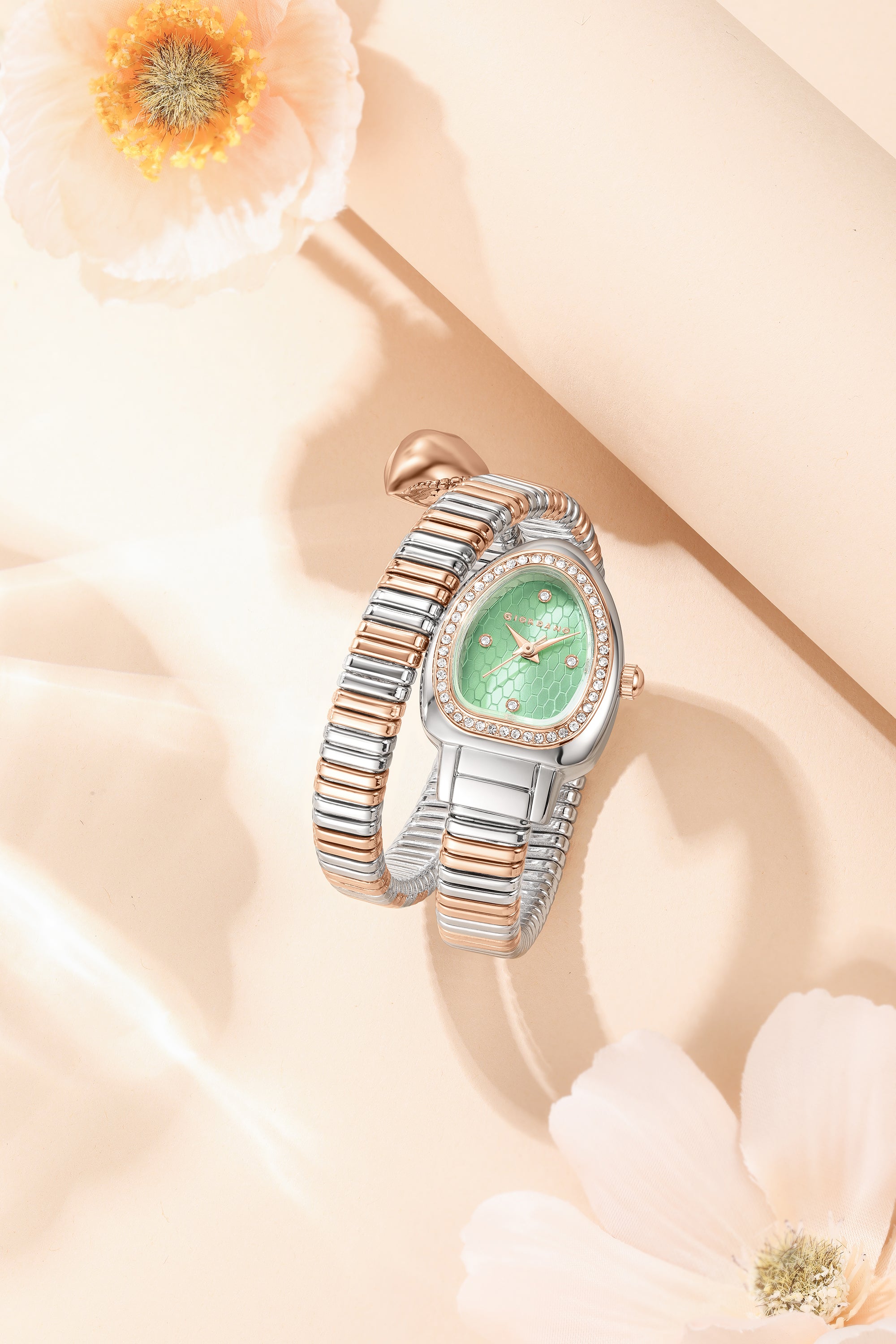 Giordano Serpentine Collection Analog Quartz Watch for Women with Green Honeycomb-Textured Dial, Crystal Bezel & Markers, Snake-Style Wrap-Around Two-Tone Stainless Steel Strap - GZ-60188-22