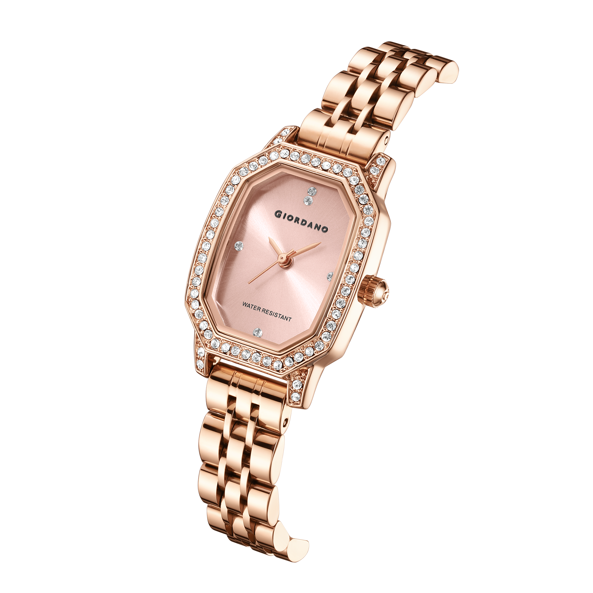 Giordano Elegant Analog Watch for Women – Classic octagonal Dial, diamond bezel and rose gold stainless steel strap | GZ-60114-22