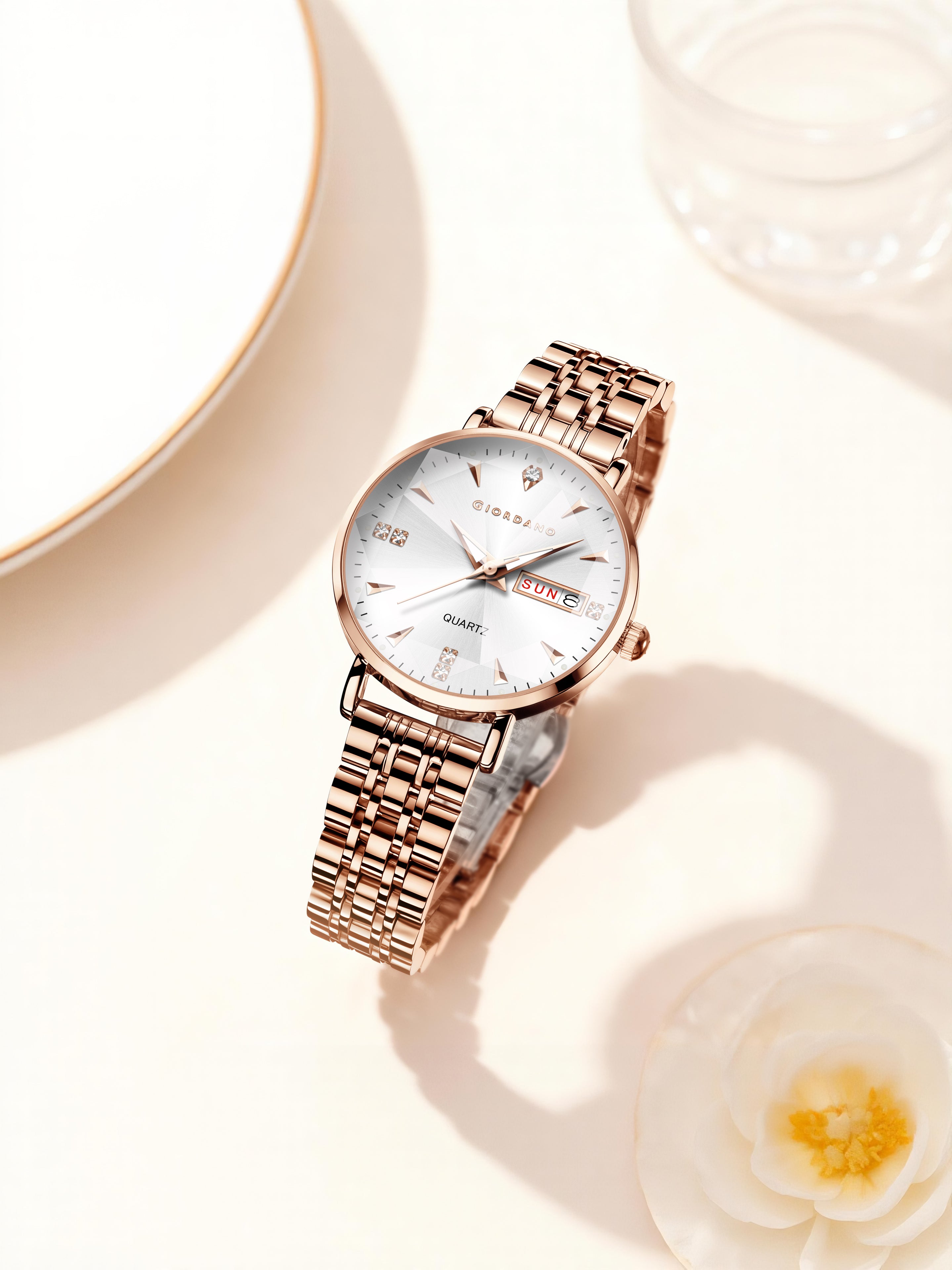 Giordano Rose Gold Analog Watch for Women with Luminous Hands & Markers, Day & Date Display and Stainless Steel Strap - GZ-60139-11