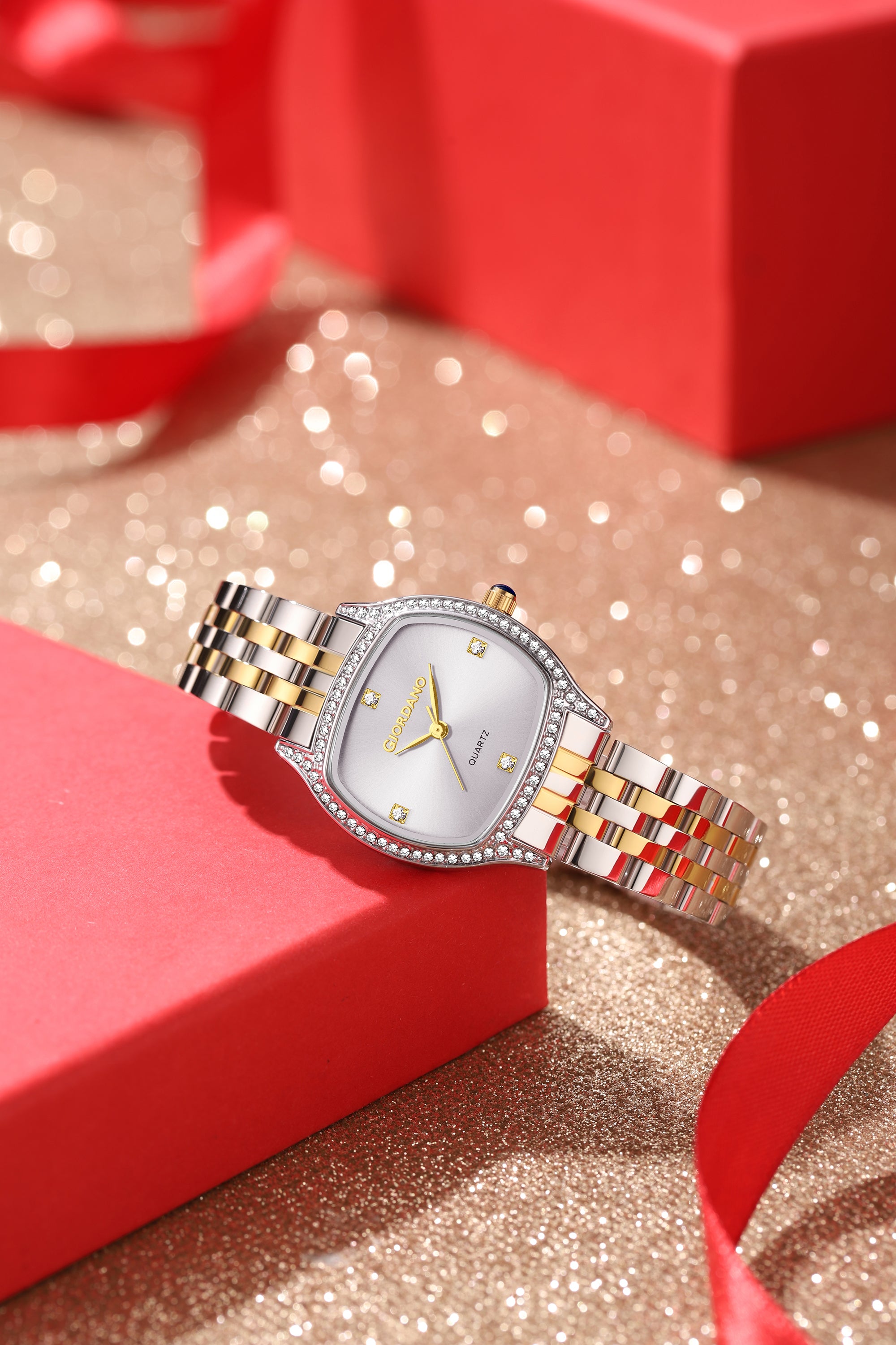 Giordano Analog Quartz Watch for Women with Square White Dial, Blue Crown, Crystal Studded Hour Markers and Bezel, Silver and Gold Stainless Steel Strap - GZ-60163-11