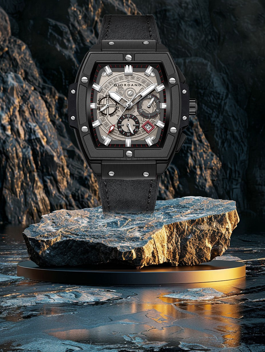 Giordano Terminator Men's Black Leather Multifunction Watch - with Day, Date, and 24-Hour Sub-Dials | Water Resistant Square Dial Unique Design Wrist Watch for Man | GZ-50098-03