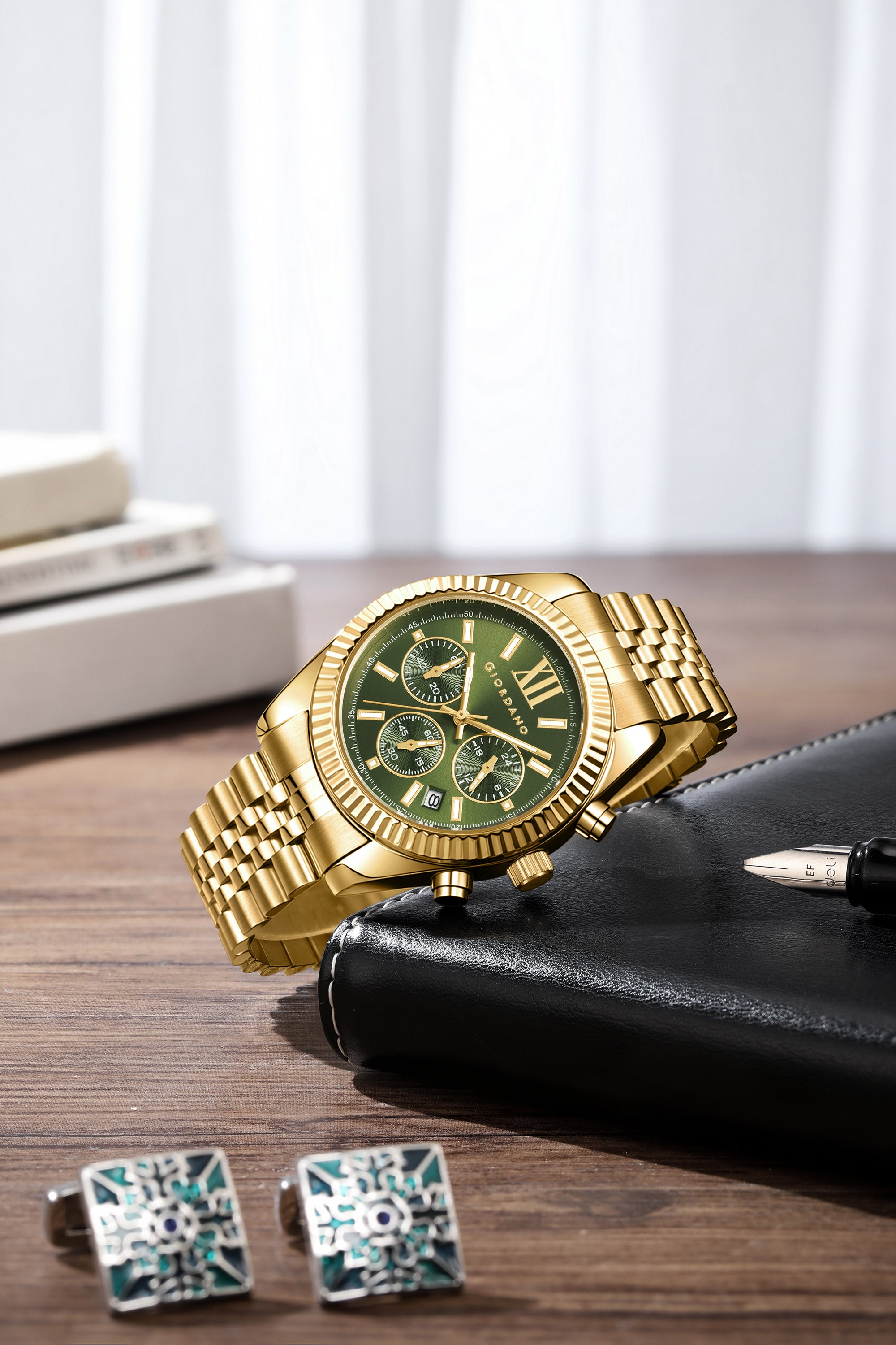Giordano Chronograph Analog Quartz Watch for Men with Round Green Dial, Roman indices, Date Function, Luminos hands and Markers, Gold Stainless Steel Strap - GZ-50217-33