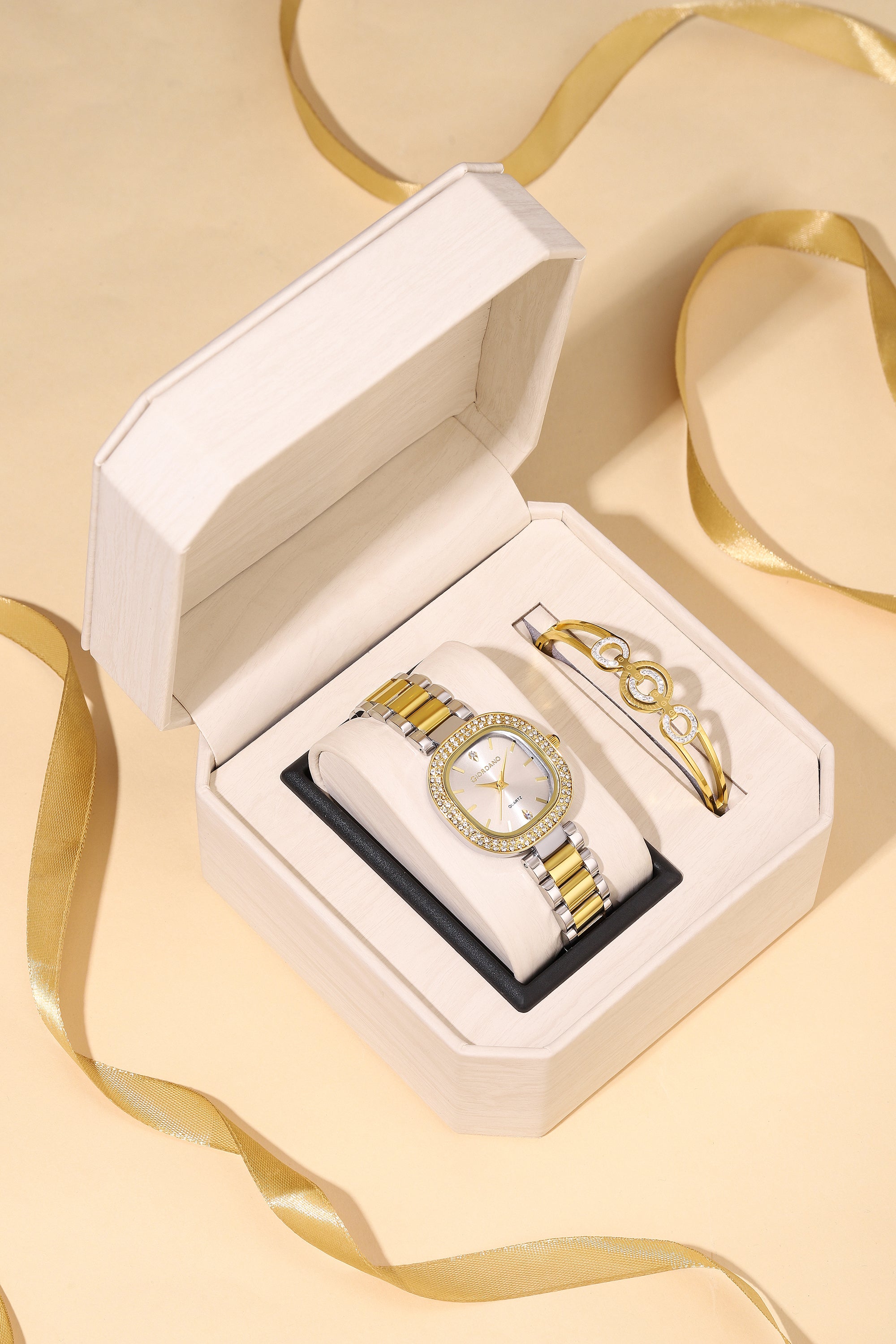 Giordano Analog Quartz Watch for Women with Bangle Square White Dial, Blue Crown, Crystal Studded Hour Markers and Bezel, Silver and Gold Stainless Steel Strap - GZ-60166-11