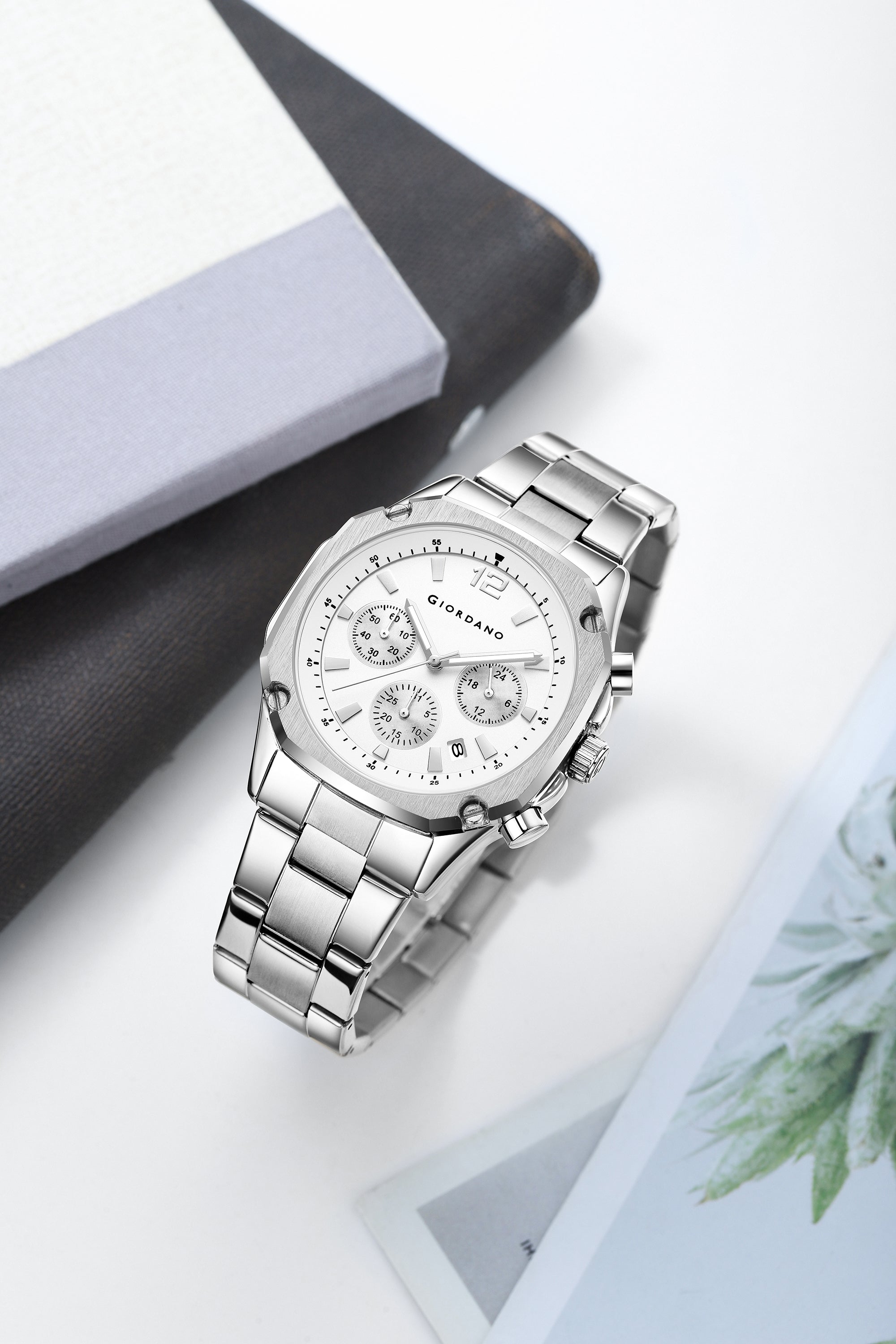 Giordano Analog Watch for Men with Chronograph Subdials, Round Silver Dial Date Window, Quartz Movement Silver Stainless Steel Strap GZ-50203-22