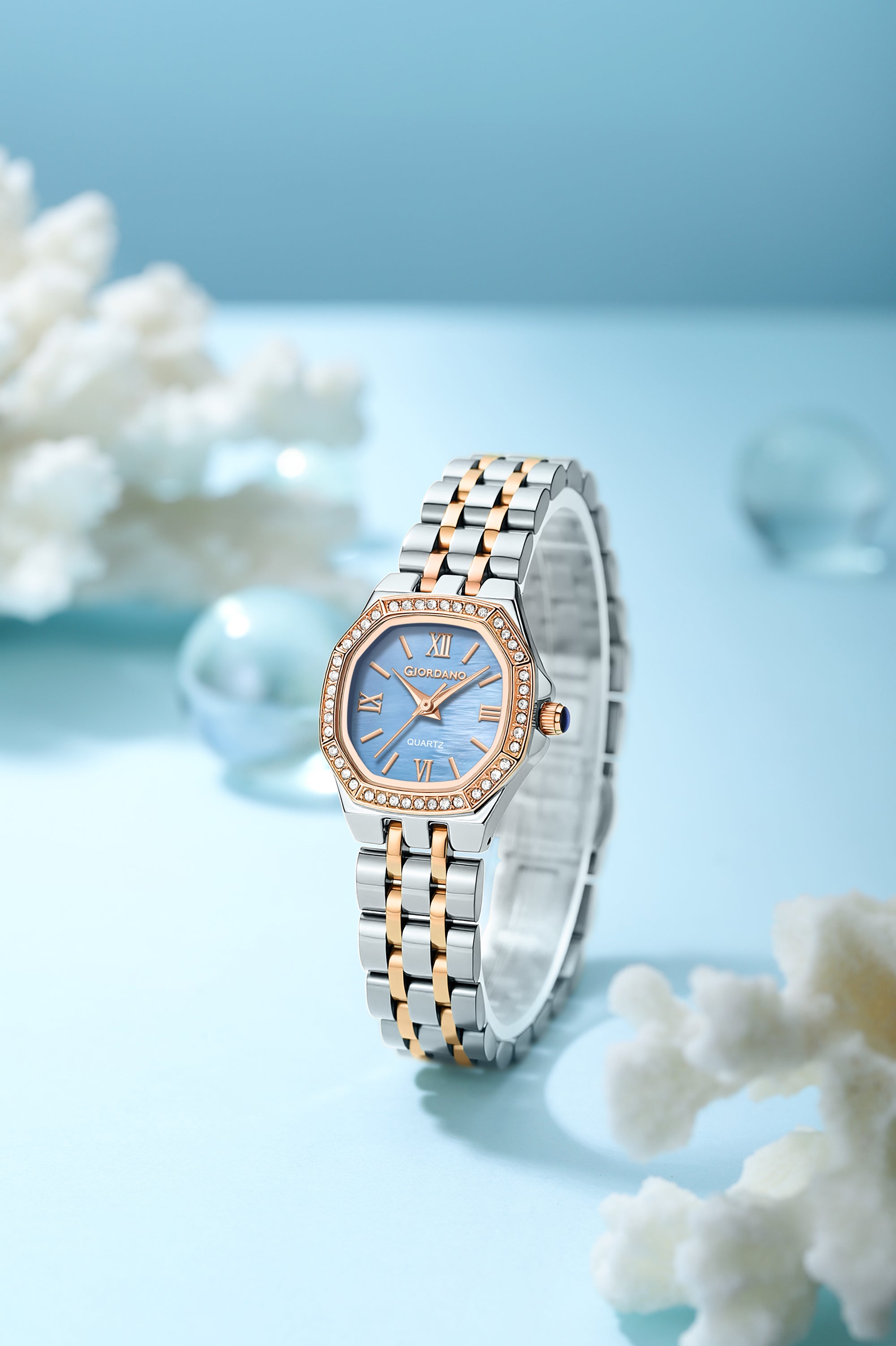 Giordano Analog Watch for Women with Blue Dial, Crystal Studded Bezel, Roman Indices & Stainless Steel Strap GZ-60162-66