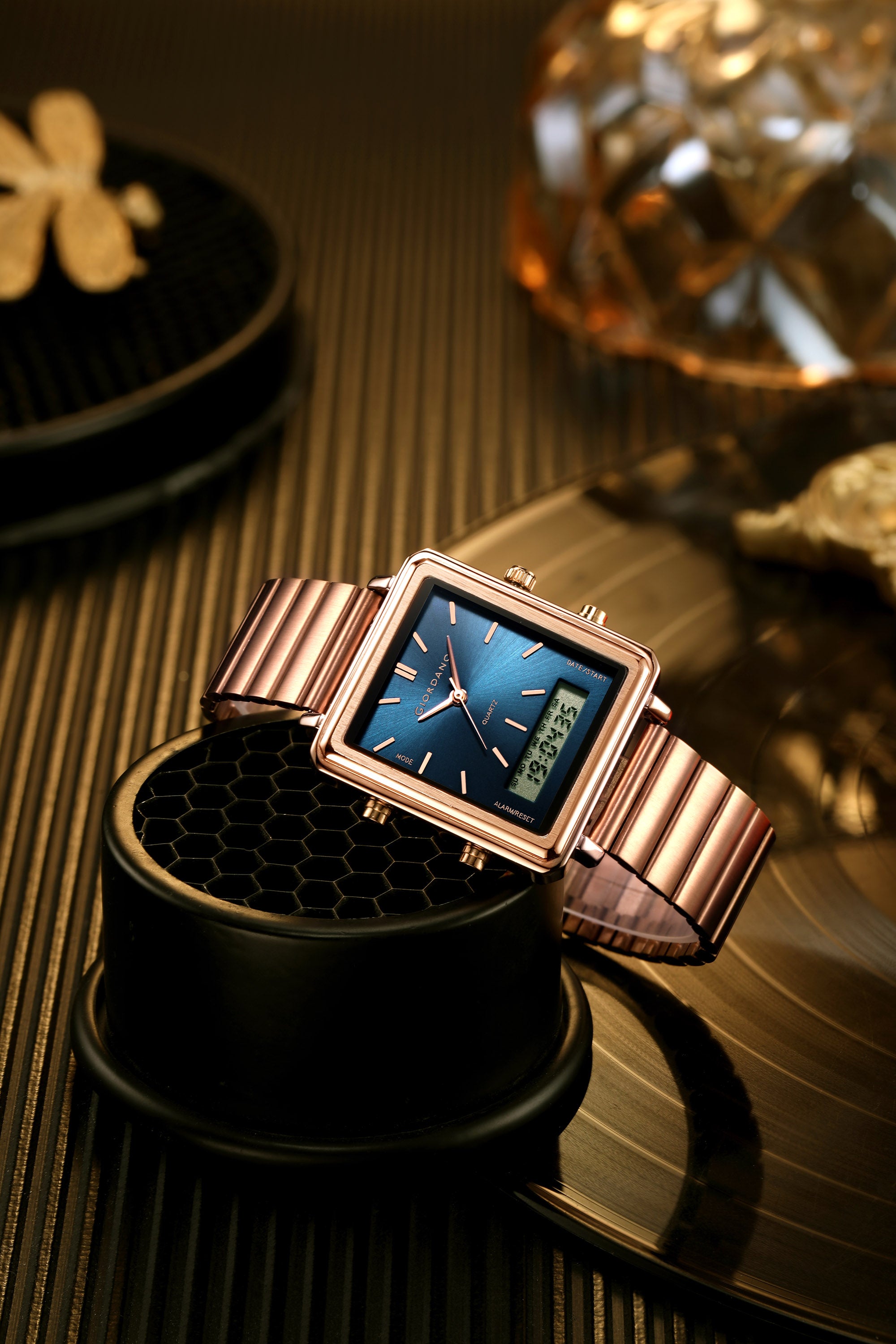 Giordano Analog Digital Watch for Men with Square Blue Dial, Dual Time Display, Rose Gold Stainless Steel Strap - GZ-50210-66