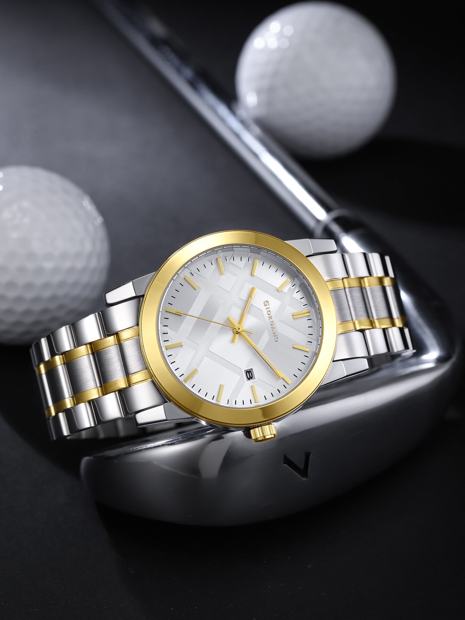 Giordano Analog Quartz Watch for Men with Silver Geometric Textured Round Dial, Luminous Hands Markers, Date Display, Faceted Bezel and Two-Tone Gold & Silver Stainless Steel Strap - GZ-50193-33