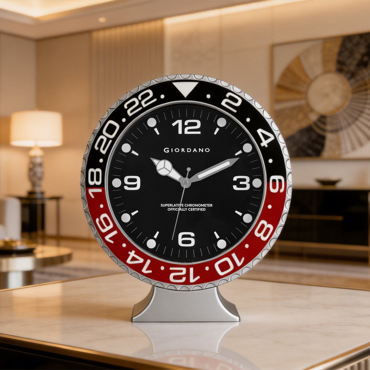 Giordano Wall Clock, Silent Sweep Non-Ticking Quartz Movement, Black Dial, Red & Black Diver Style Bezel, Plastic Frame - GDCLTM2026BLKRD