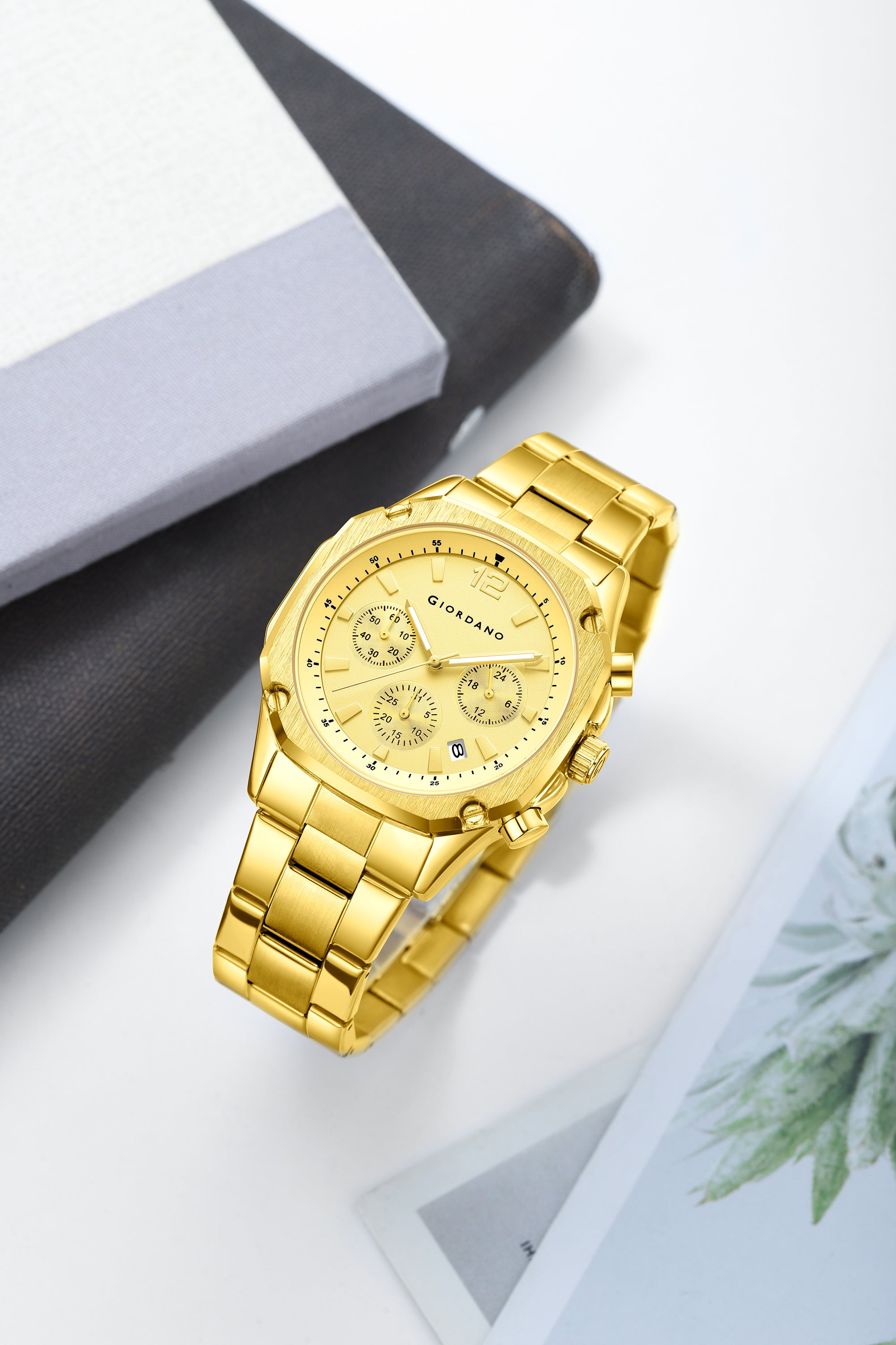 Giordano Analog Watch for Men with Chronograph Subdials, Round Gold Dial Date Window, Quartz Movement Silver Stainless Steel Strap GZ-50203-55