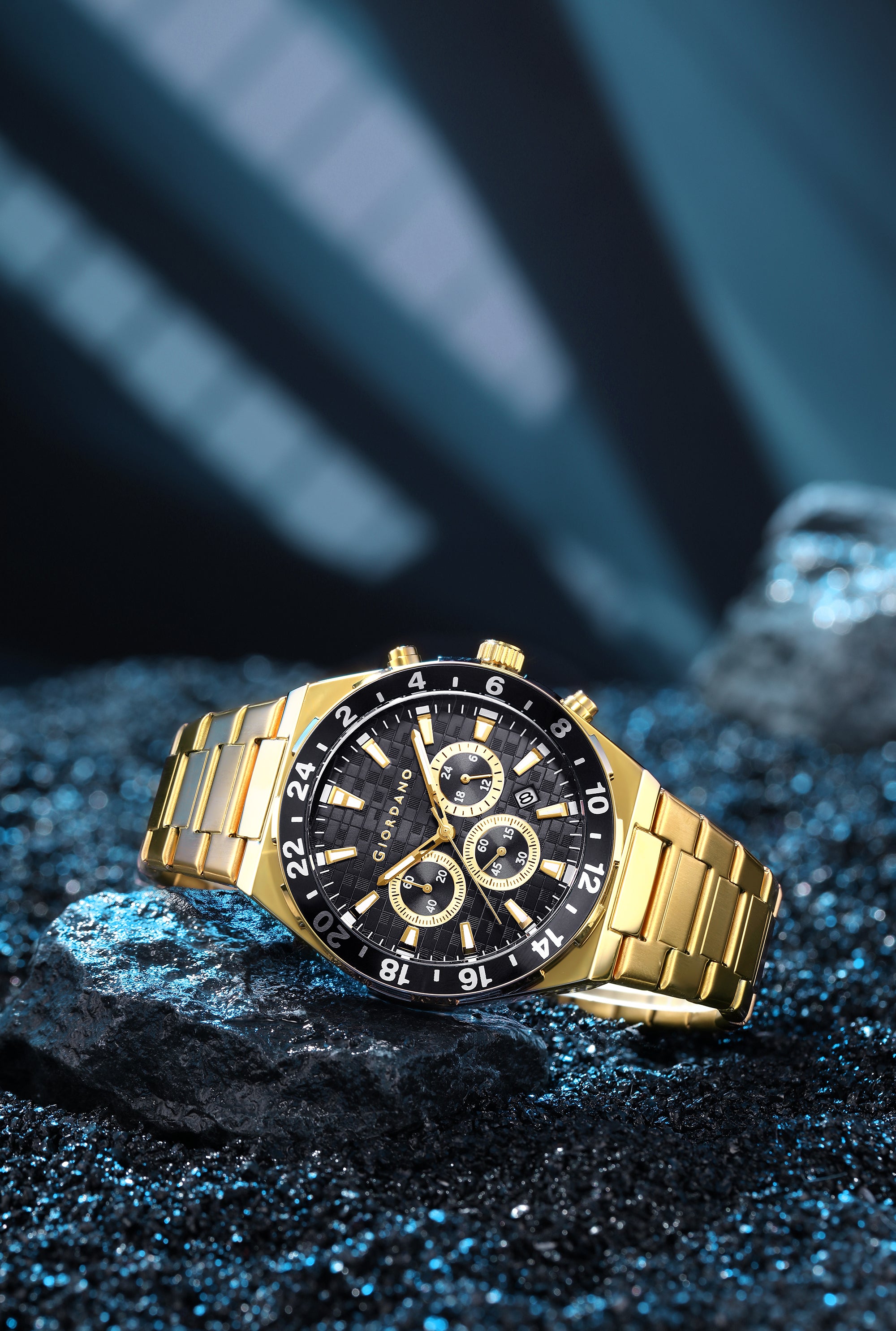 Giordano Chronograph Watch for Men with Texured Round Black Dial with Gold Accents, Date Display and Tachymeter Bezel, Gold Stainless Steel Strap - GZ-50198-44