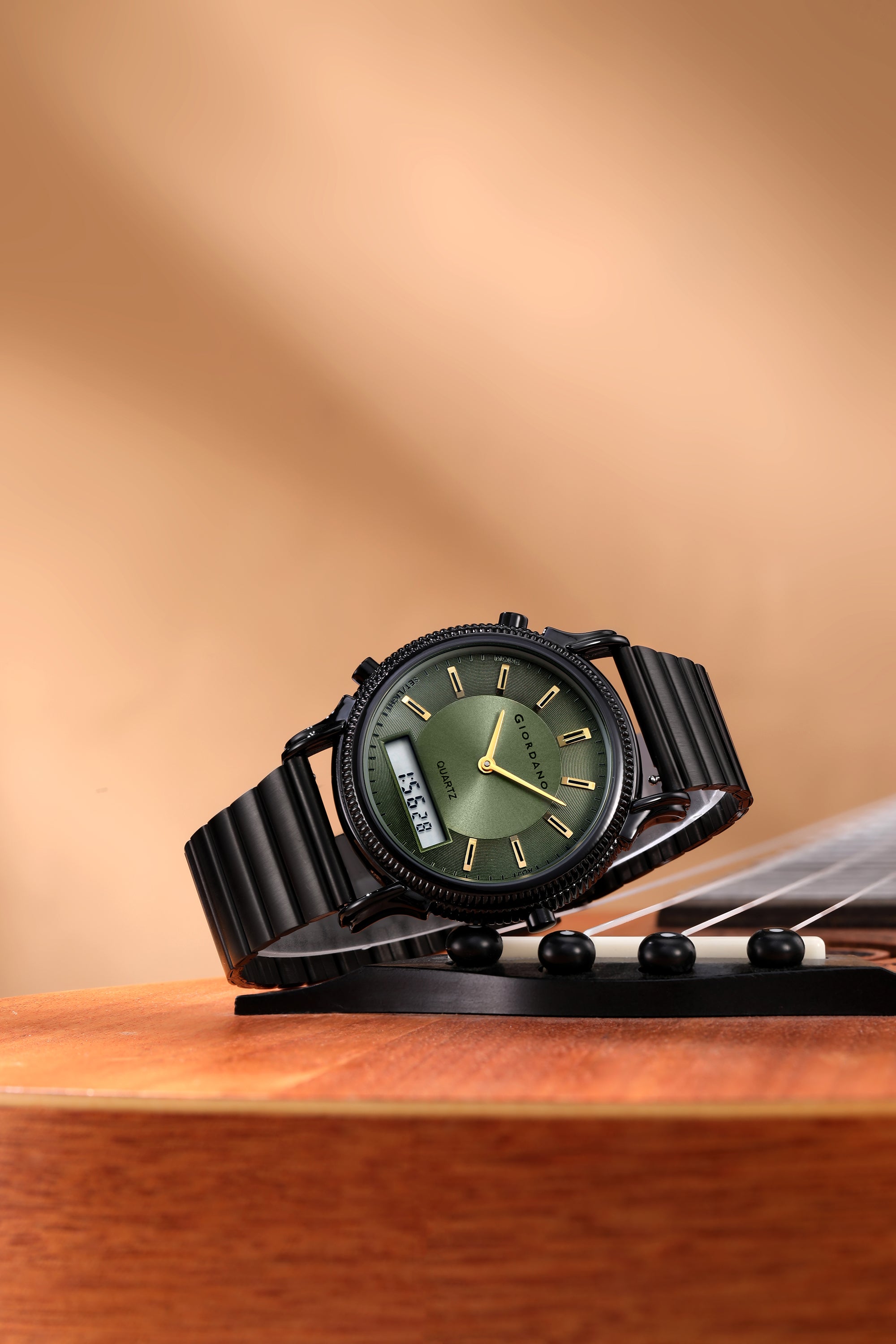 Giordano Analog-Digital Watch for Men - Round Green Dial with Dual Display, Quartz Movement and Black Stainless Steel Strap - GZ-50209-33