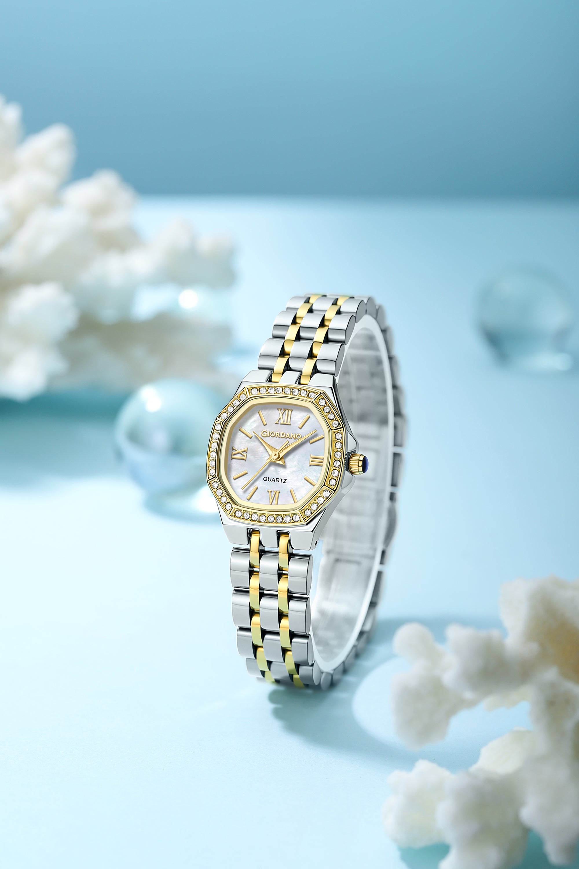 Giordano Analog Watch for Women with Silver Dial, Crystal Studded Bezel, Roman Indices & Stainless Steel Strap GZ-60162-44
