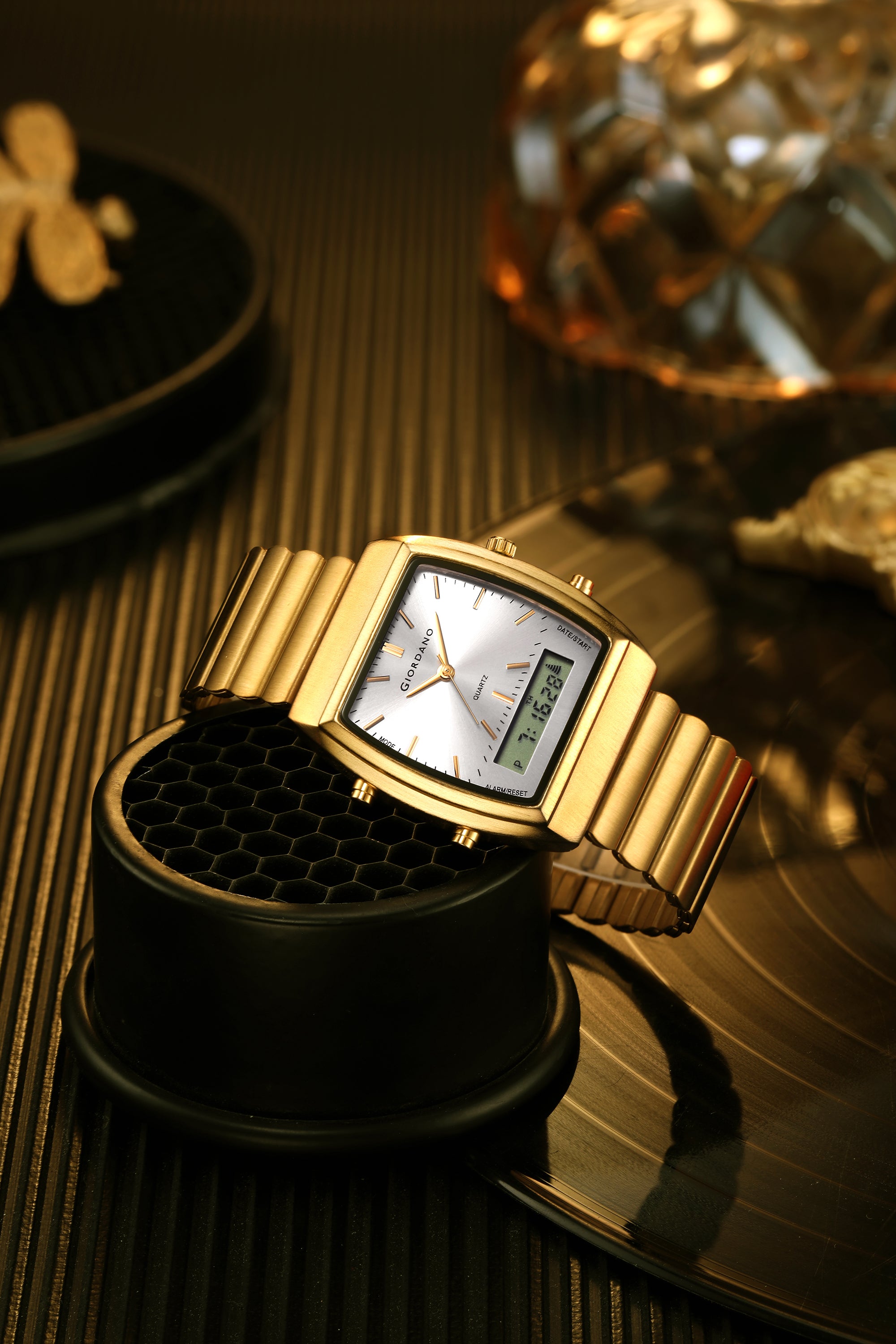 Giordano Analog Digital Watch for Men with Square White Dial, Day Function, Gold Stainless Steel Strap - GZ-50207-22