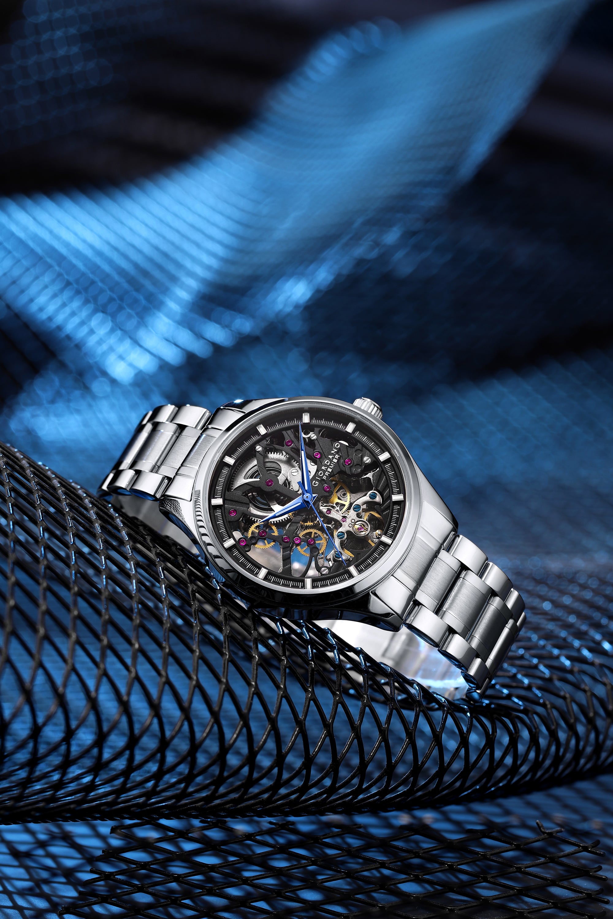 Giordano Automatic Watch for Men with Skeleton Round Black Dial, Luminous Hands and Markers, Silver Stainless Steel Strap - GZ-50225-22
