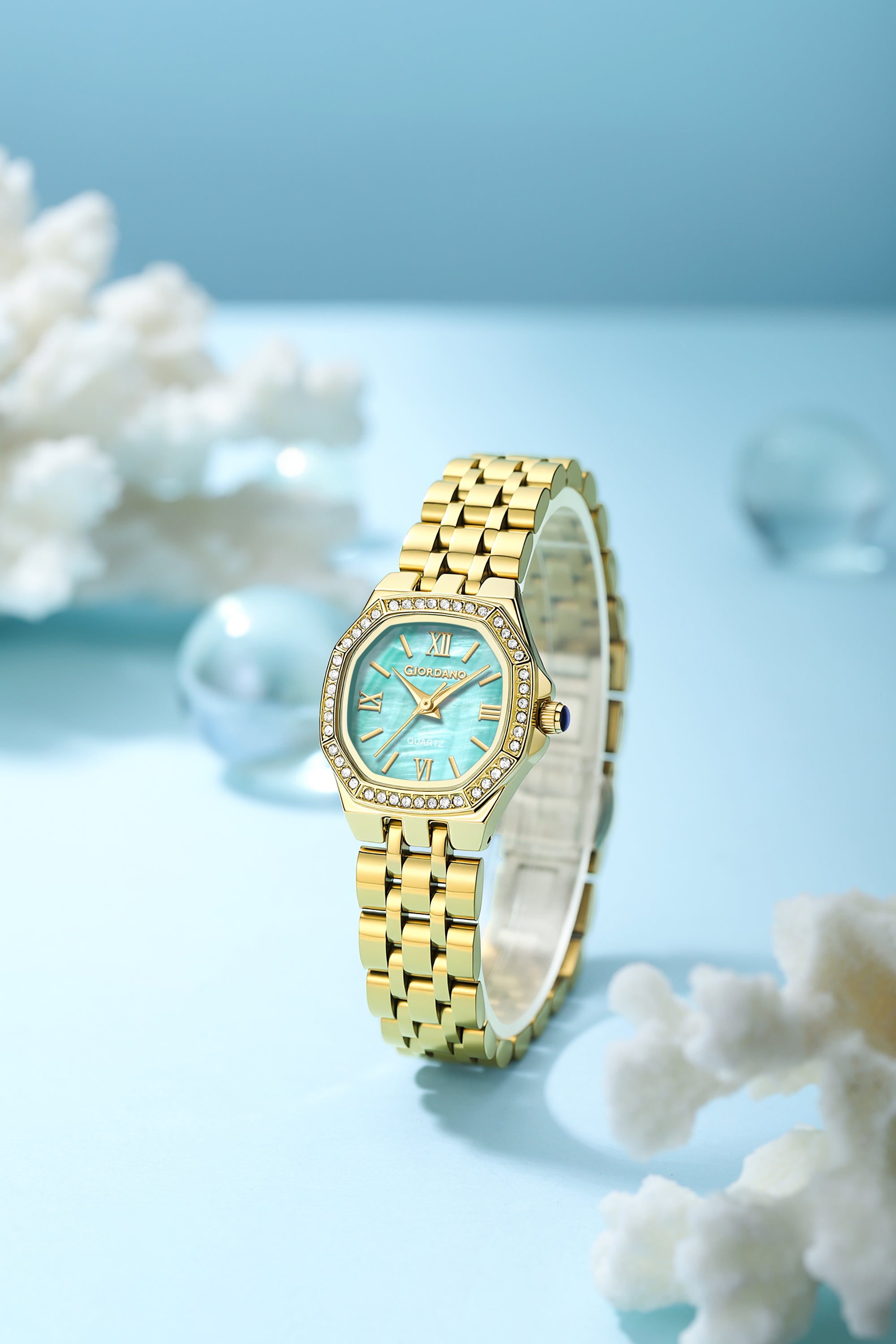 Giordano Analog Watch for Women with Green Dial, Crystal Studded Bezel, Roman Indices & Stainless Steel Strap GZ-60162-33