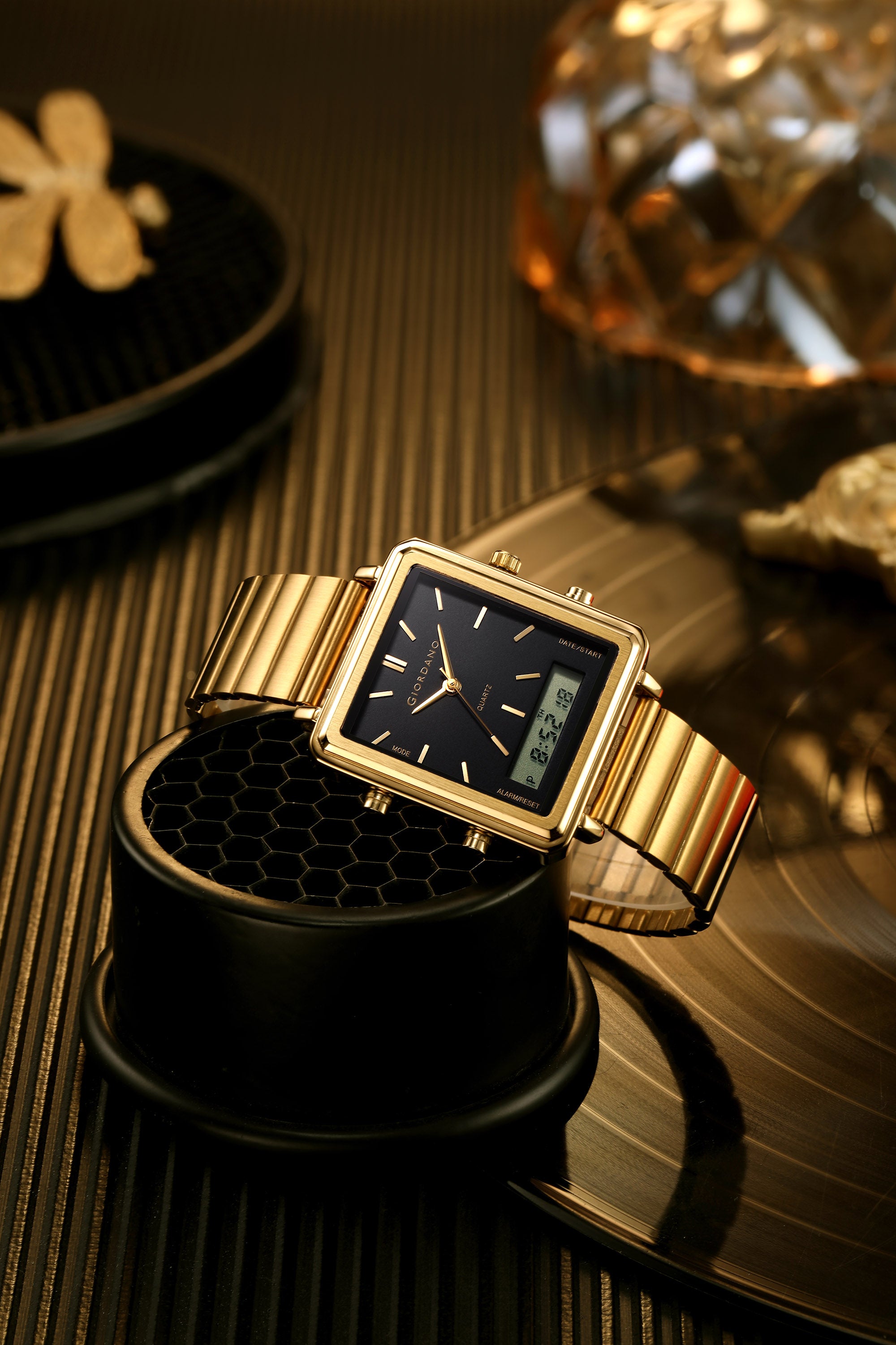 Giordano Analog Digital Watch for Men with Square Black Dial, Dual Time Display, Gold Stainless Steel Strap - GZ-50210-44