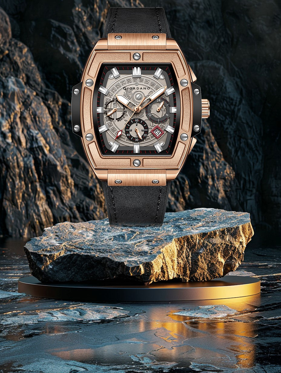 जिओडैनो टर्मिनेटर पुरुषों की रोज़ गोल्ड लेदर मल्टीफंक्शन वॉच - डे, डेट और 24-घंटे सब-डायल के साथ | पुरुषों के लिए वाटर रेसिस्टेंट स्क्वायर डायल यूनिक डिज़ाइन रिस्ट वॉच | GZ-50098-02