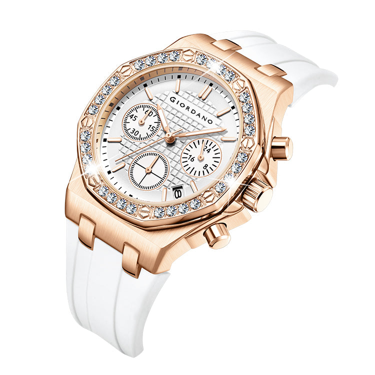 Giordano Chronograph Watch for Women | Stainless Steel Case, Crystal bezel | Modern & Stylish Timepiece with Comfortable Silicone Strap | GZ-50154-22