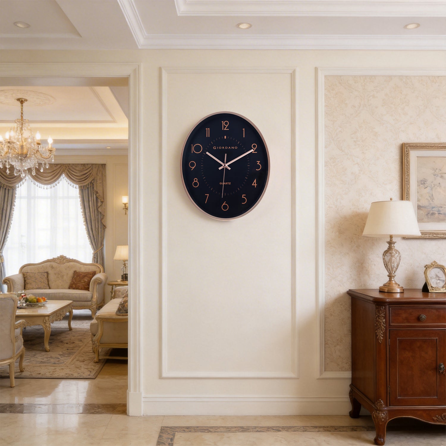Giordano Wall Clock, Silent Sweep Non-Ticking Quartz Movement, Black Dial, Rose Gold Oval Plastic Frame, Metal Hand - GDCLTY1001RGBLK