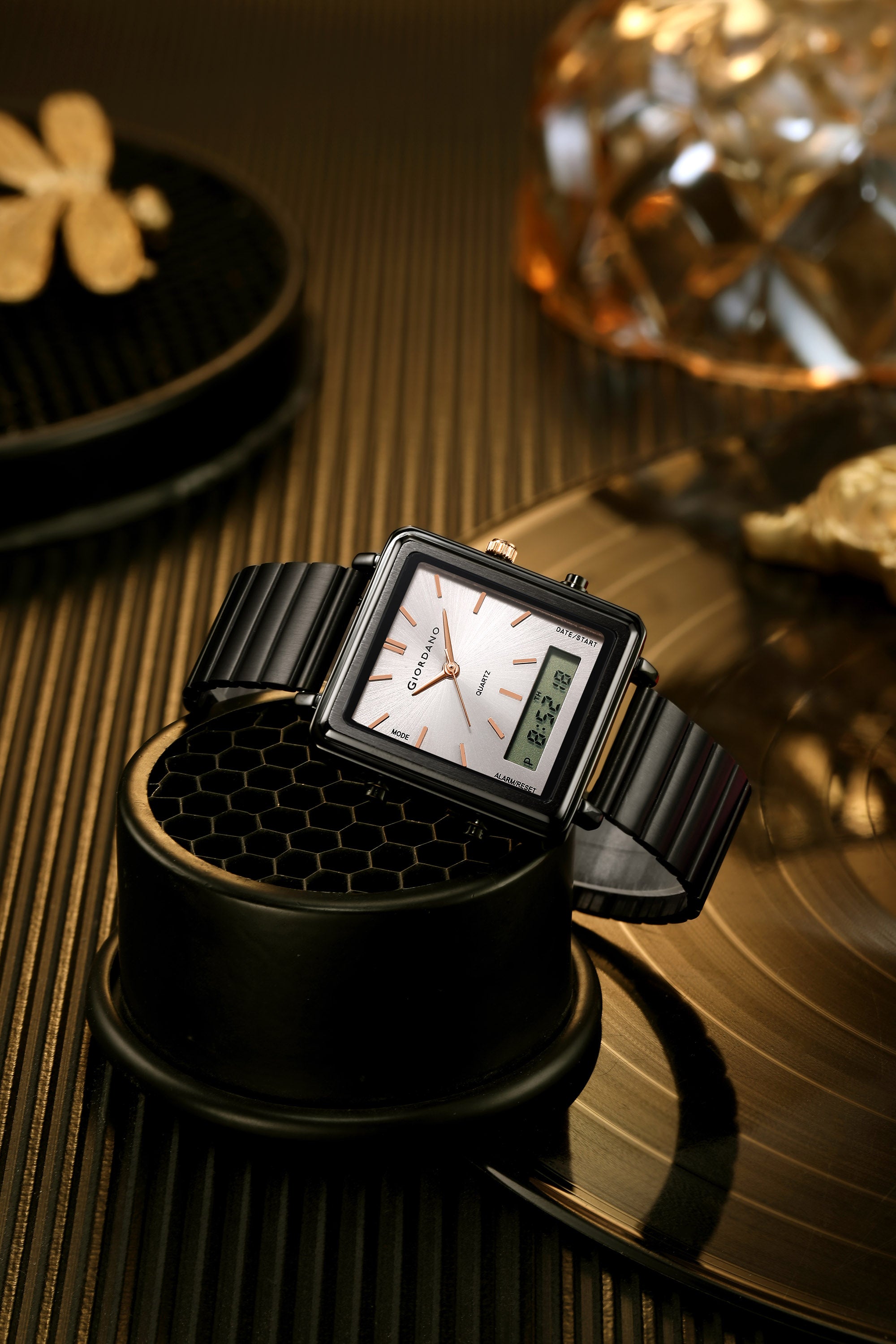 Giordano Analog Digital Watch for Men with Square White Dial, Dual Time Display, Black Stainless Steel Strap - GZ-50210-22