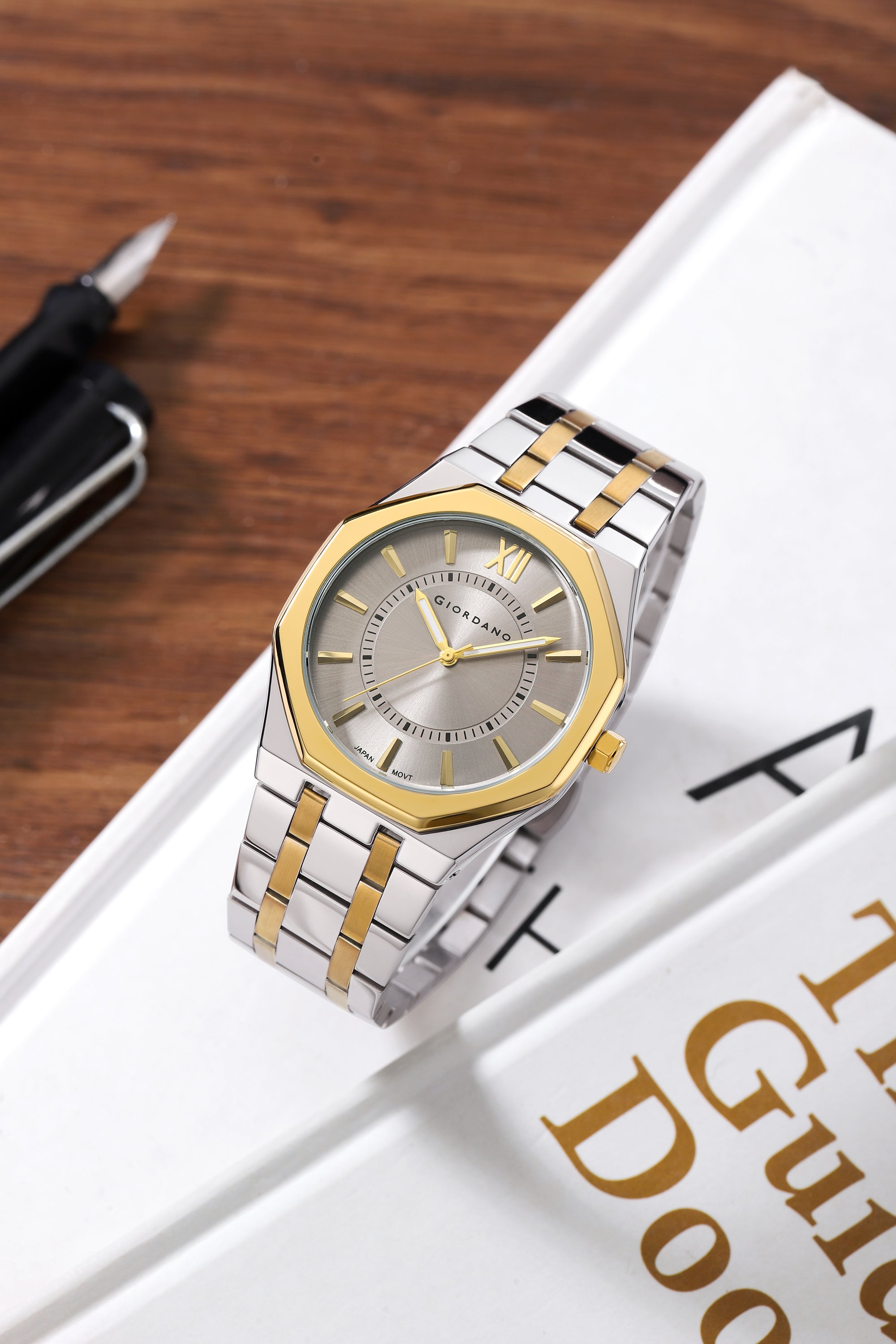 Giordano Analog Quartz Watch for Men with Grey Sunray Round Dial, Roman XII & Luminous Hands Markers, Faceted Octagonal Bezel and Two-Tone Gold & Silver Stainless Steel Strap - GZ-50191-66