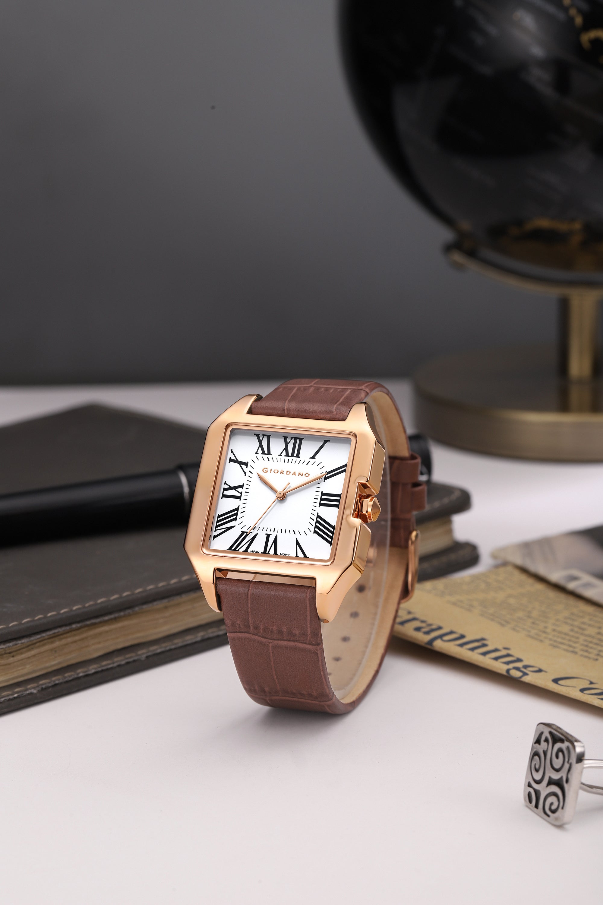 Giordano Vintage Square Watch for Women with Classic Roman Indices and Leather Strap - GZ-60080-02