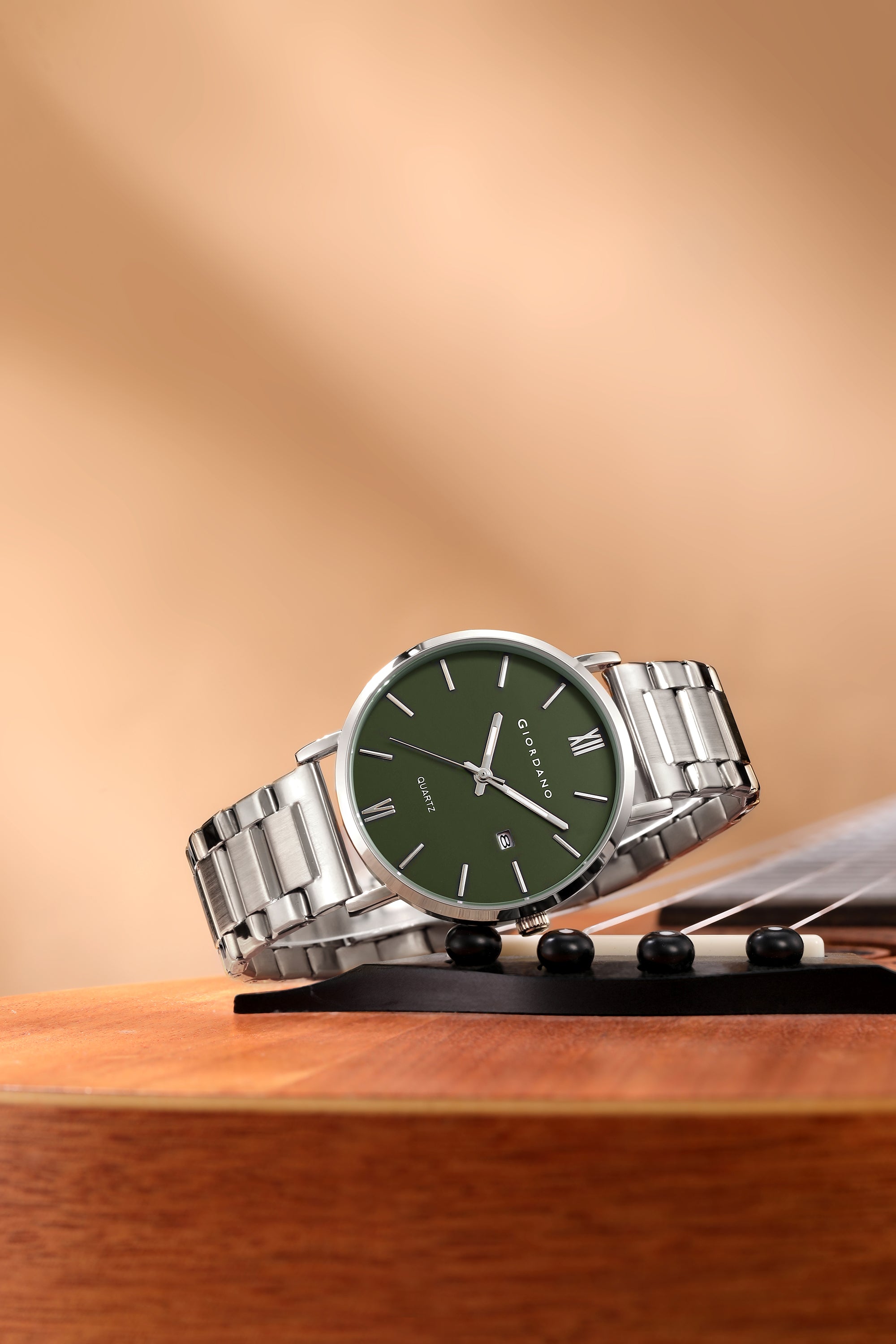 Giordano Analog Quartz Watch for Men with Round Green Dial, Roman Indices, Date Function, Luminous Hands, Silver Stainless Steel Strap - GZ-50211-22